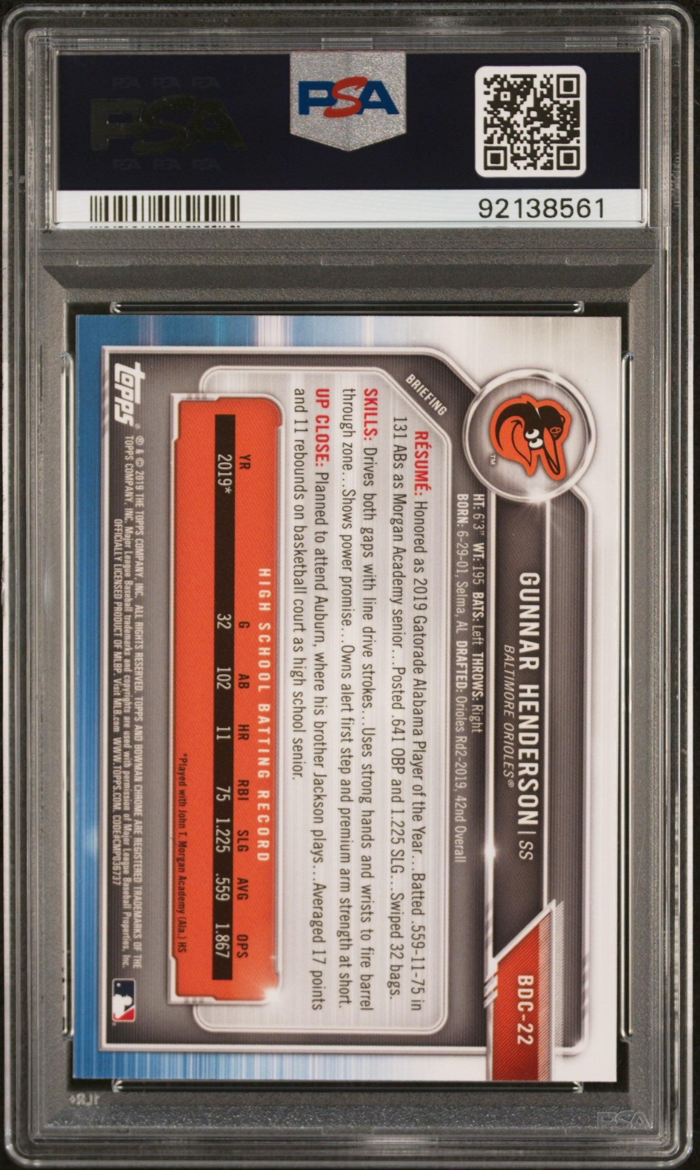 Gunnar Henderson 2019 Bowman Chrome 1st Rookie RC Baltimore Orioles PSA 10