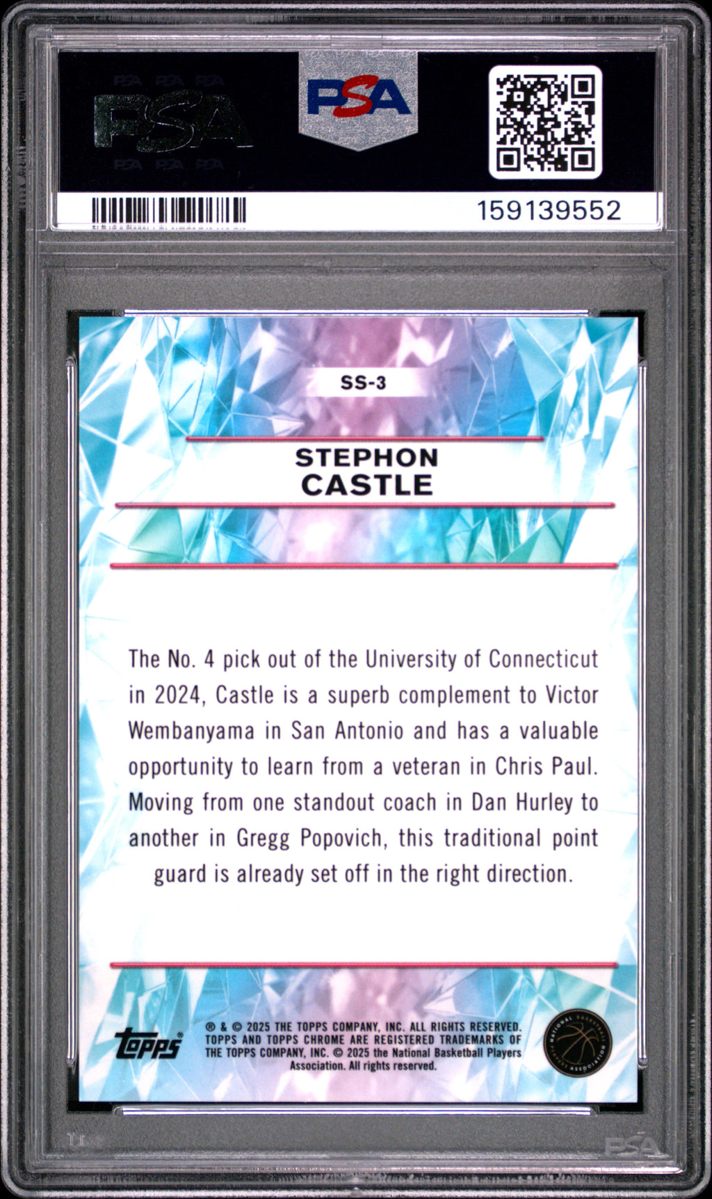 Stephon Castle 2024 Topps Chrome Sapphire Selections RC Rookie Spurs PSA 9