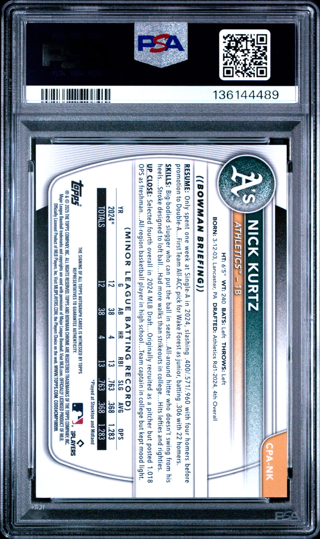 Nick Kurtz 2025 Bowman Chrome Popcorn Auto Autograph RC A's 1/5 PSA 9