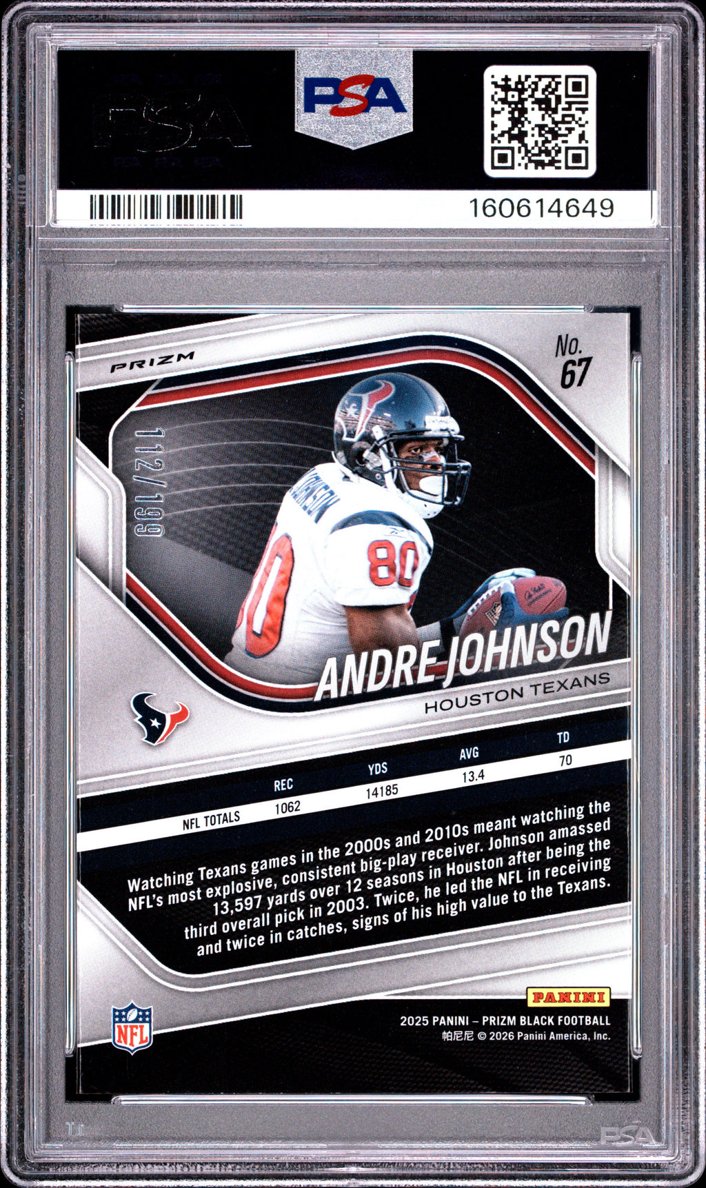 Andre Johnson 2025 Prizm Black Blue Prizm Houston Texans 112/199 PSA 9