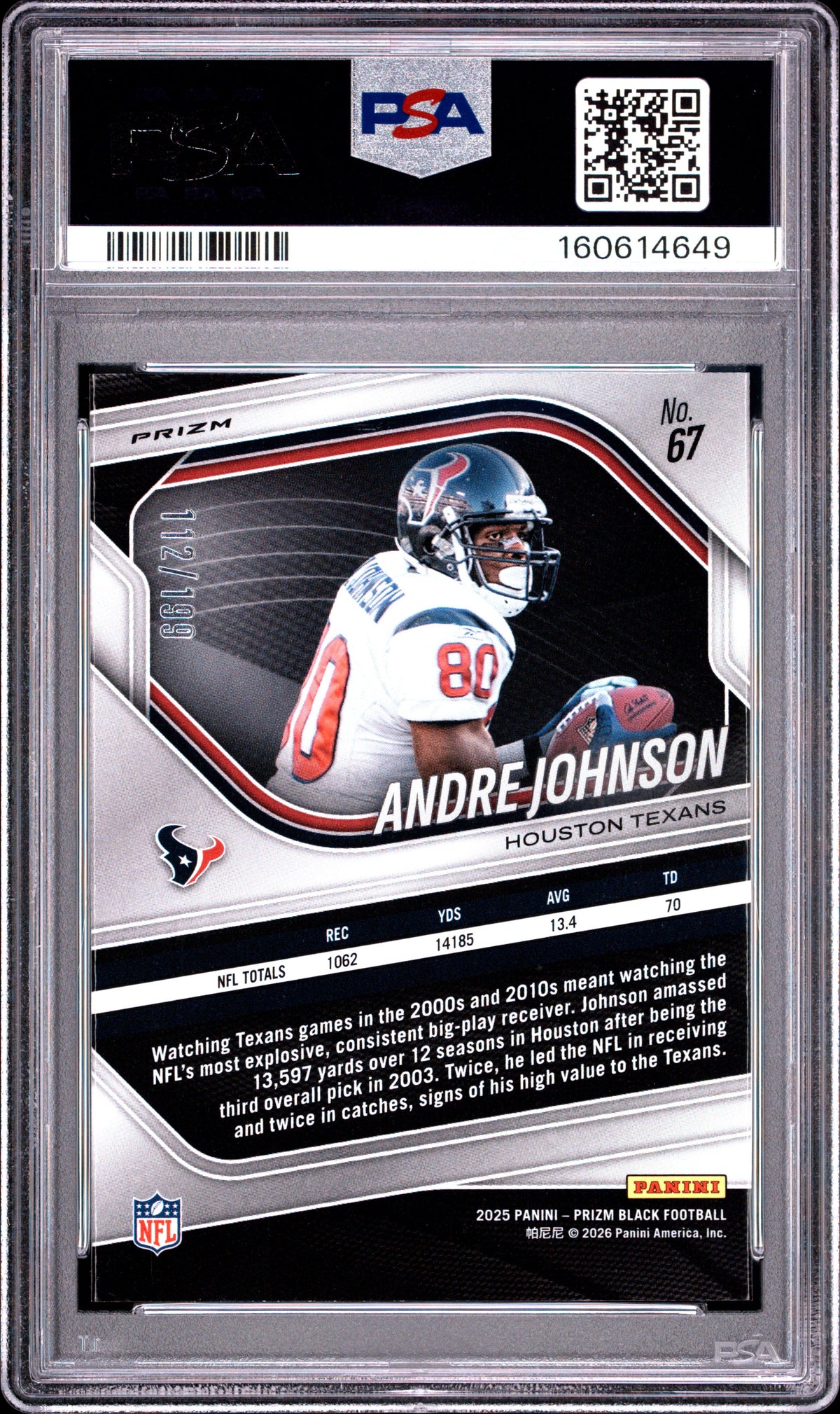 Andre Johnson 2025 Prizm Black Blue Prizm Houston Texans 112/199 PSA 9