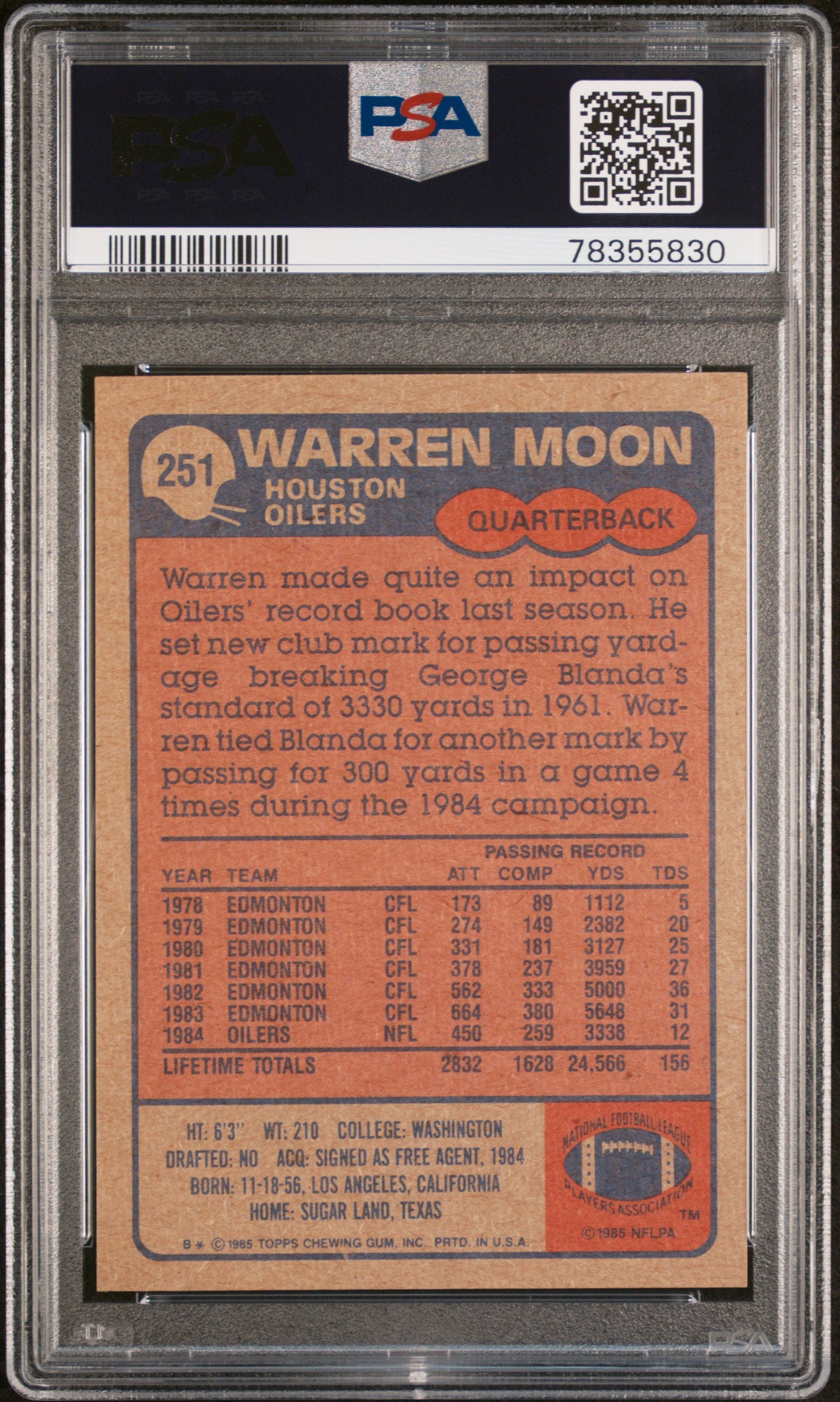 Warren Moon 1985 Topps Auto Autograph Rookie Houston Oilers #251 PSA 8 Auto 10