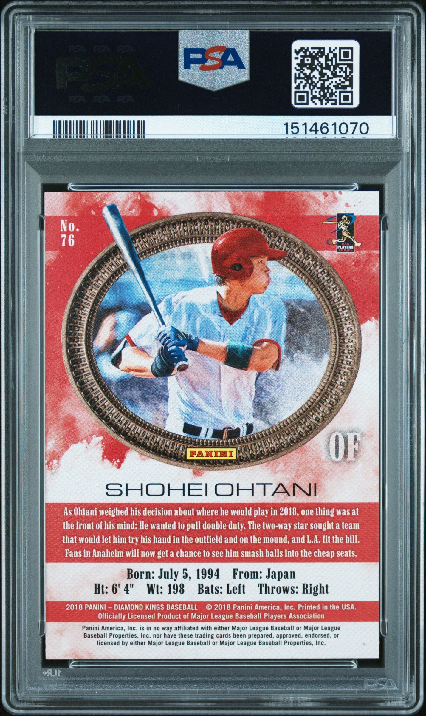 Shohei Ohtani 2018 Panini Diamond Kings Facing Right Rookie RC Angels #76 PSA 10