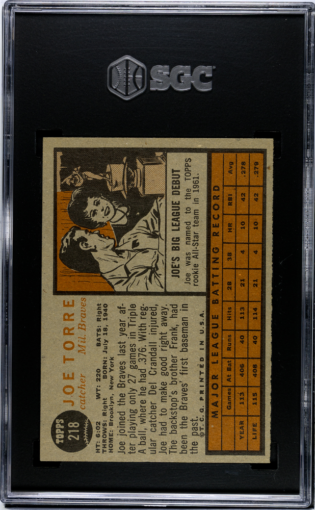 Joe Torre 1962 Topps All-Star Rookie Milwaukee Brewers #218 SGC 6.5