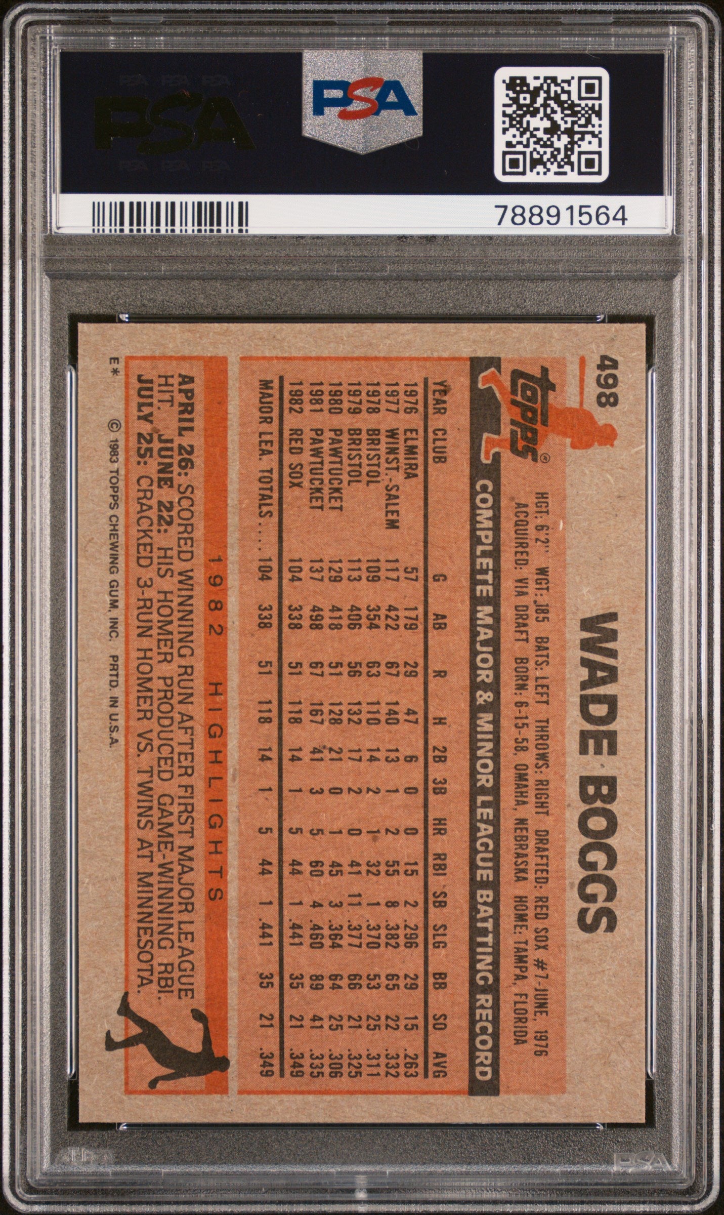 Wade Boggs 1983 Topps Auto Autograph Rookie Boston Red Sox #498 PSA 9 Auto 10