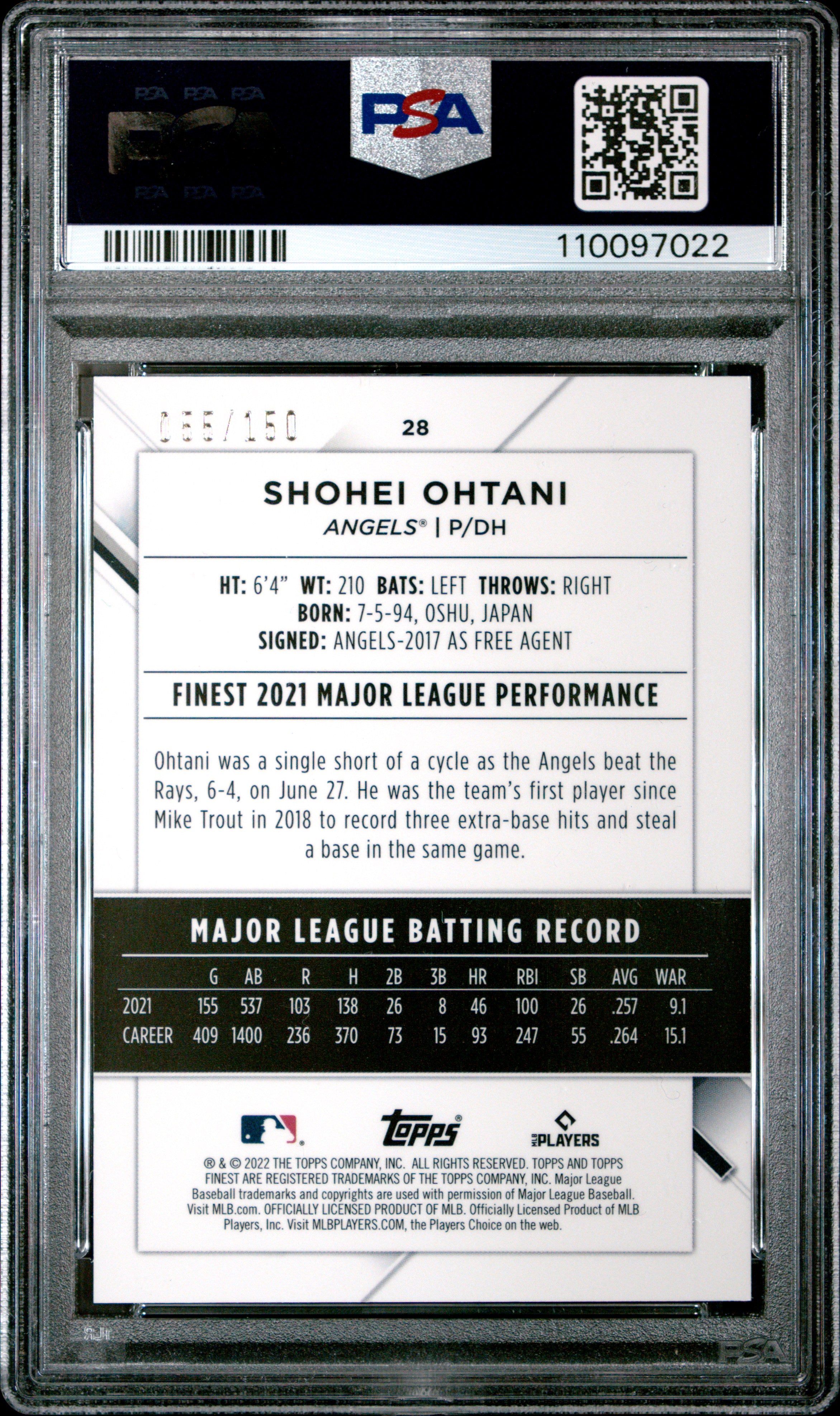Shohei Ohtani 2022 Topps Finest Blue Refractor Los Angeles Angels 55/150 PSA 9