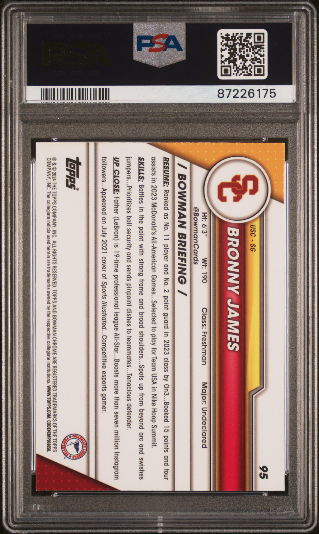 Bronny James 2023 Bowman Chrome SHORTPRINT SSP RC USC Trojans PSA 9