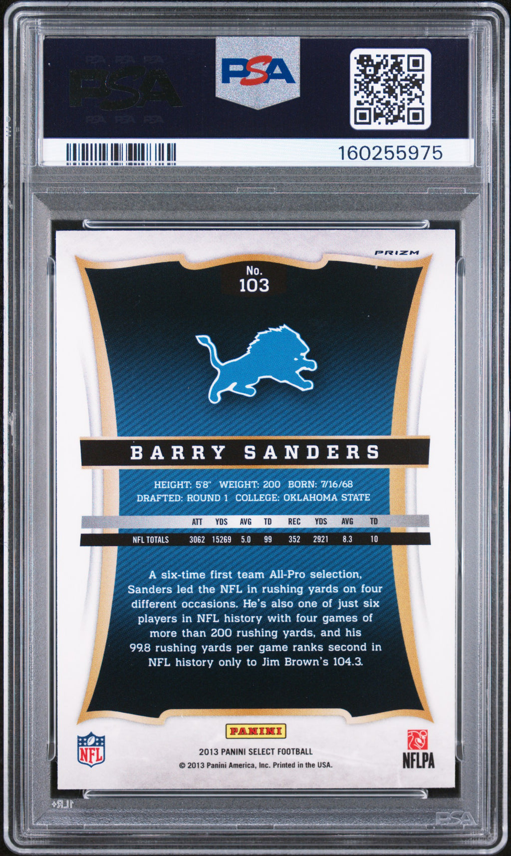 Barry Sanders 2013 Select Silver Prizm 1st Year Detroit Lions #103 PSA 9