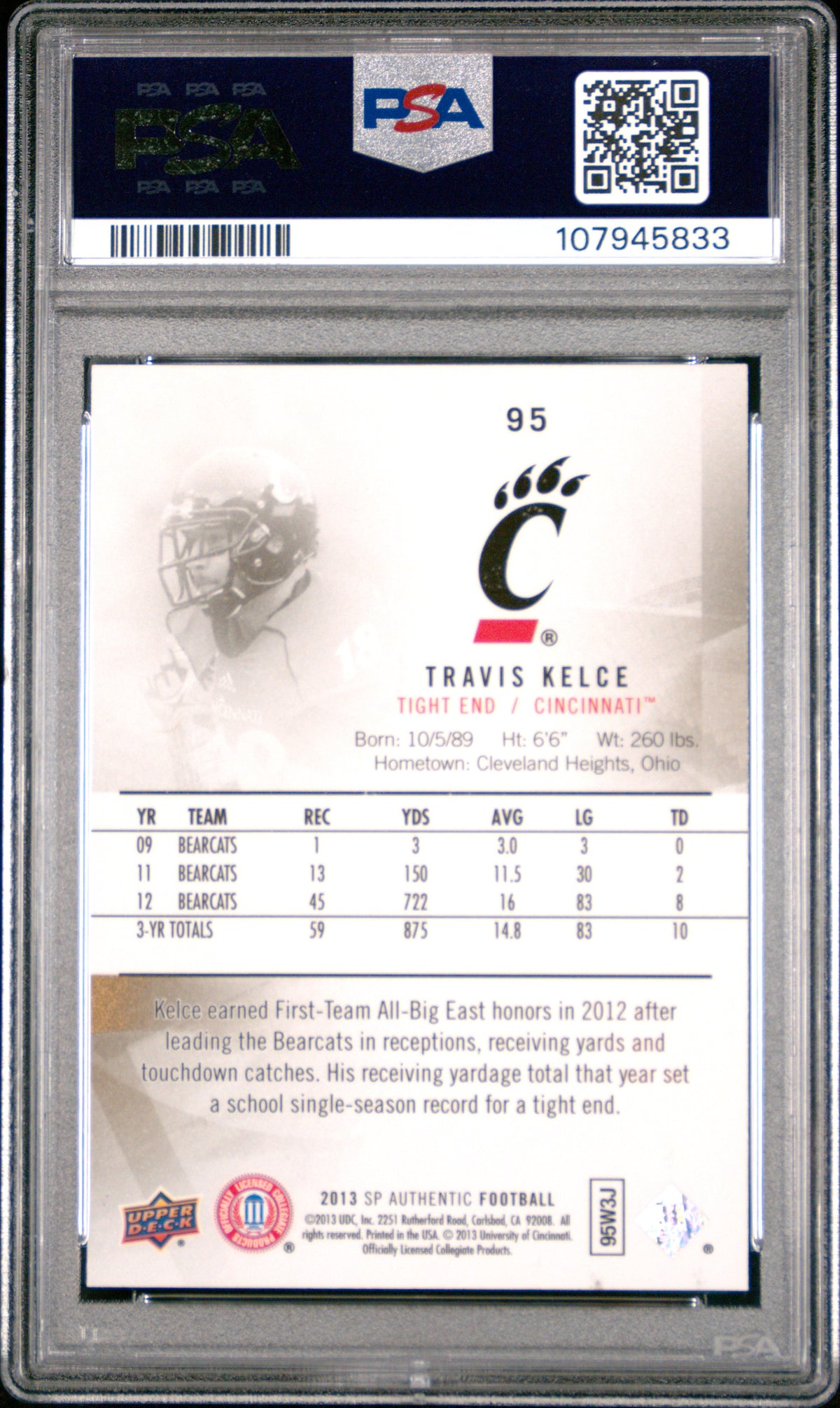 Travis Kelce 2013 SP Authentic Rookie RC Kansas City Chiefs #95 PSA 10