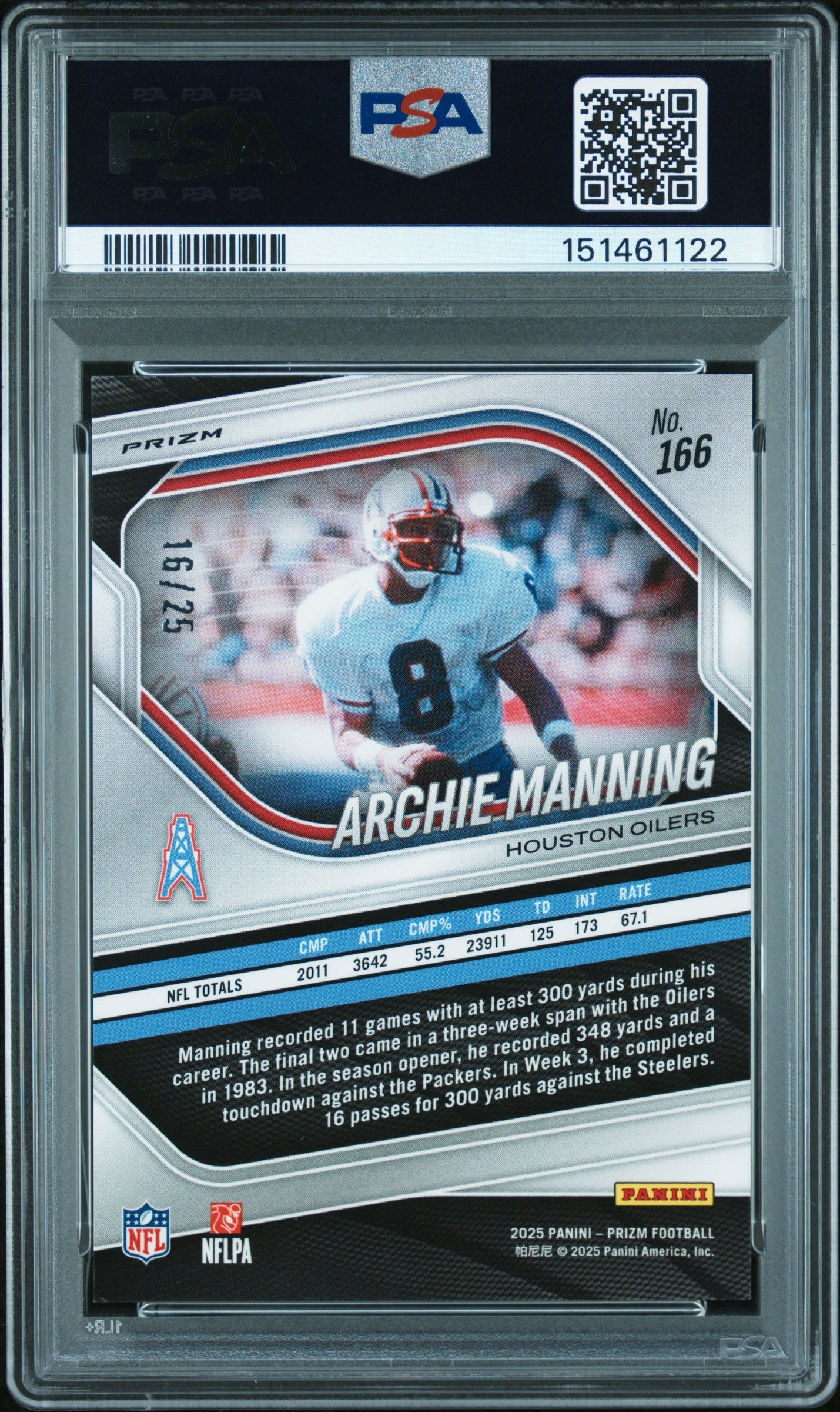Archie Manning 2025 Prizm Navy Camo Prizm Houston Oilers 16/25 PSA 10