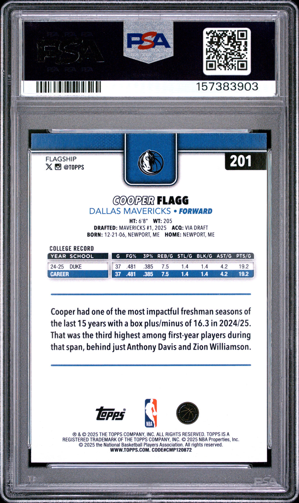 Cooper Flagg 2025-26 Topps Rainbow Foilboard Rookie RC Mavericks #201 PSA 9