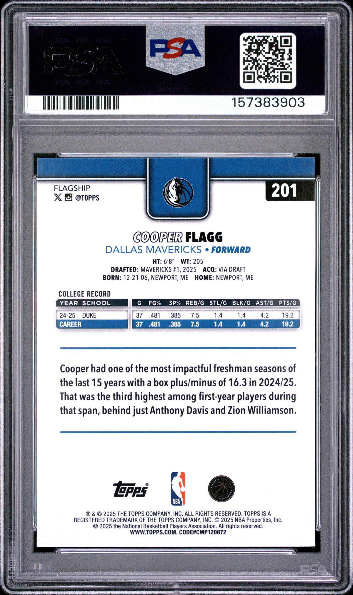 Cooper Flagg 2025-26 Topps Rainbow Foilboard Rookie RC Mavericks #201 PSA 9
