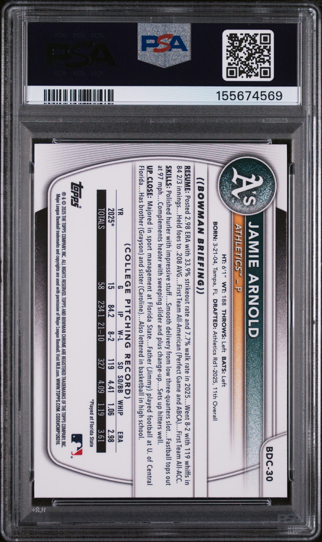 Jamie Arnold 2025 Bowman Chrome Image Variation SSP RC Athletics PSA 10