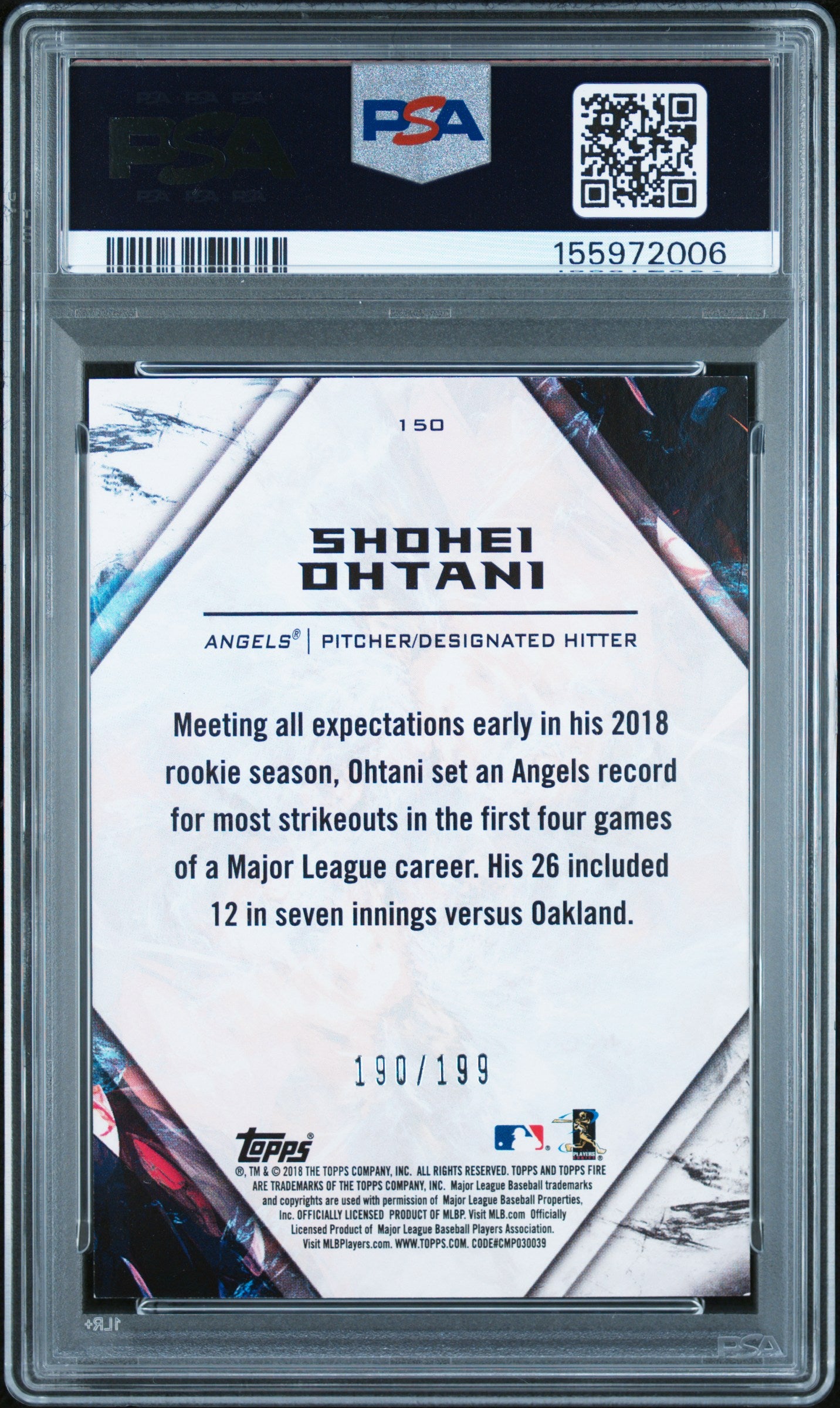 Shohei Ohtani 2018 Topps Fire Green Rookie RC Los Angeles Angels 190/199 PSA 7