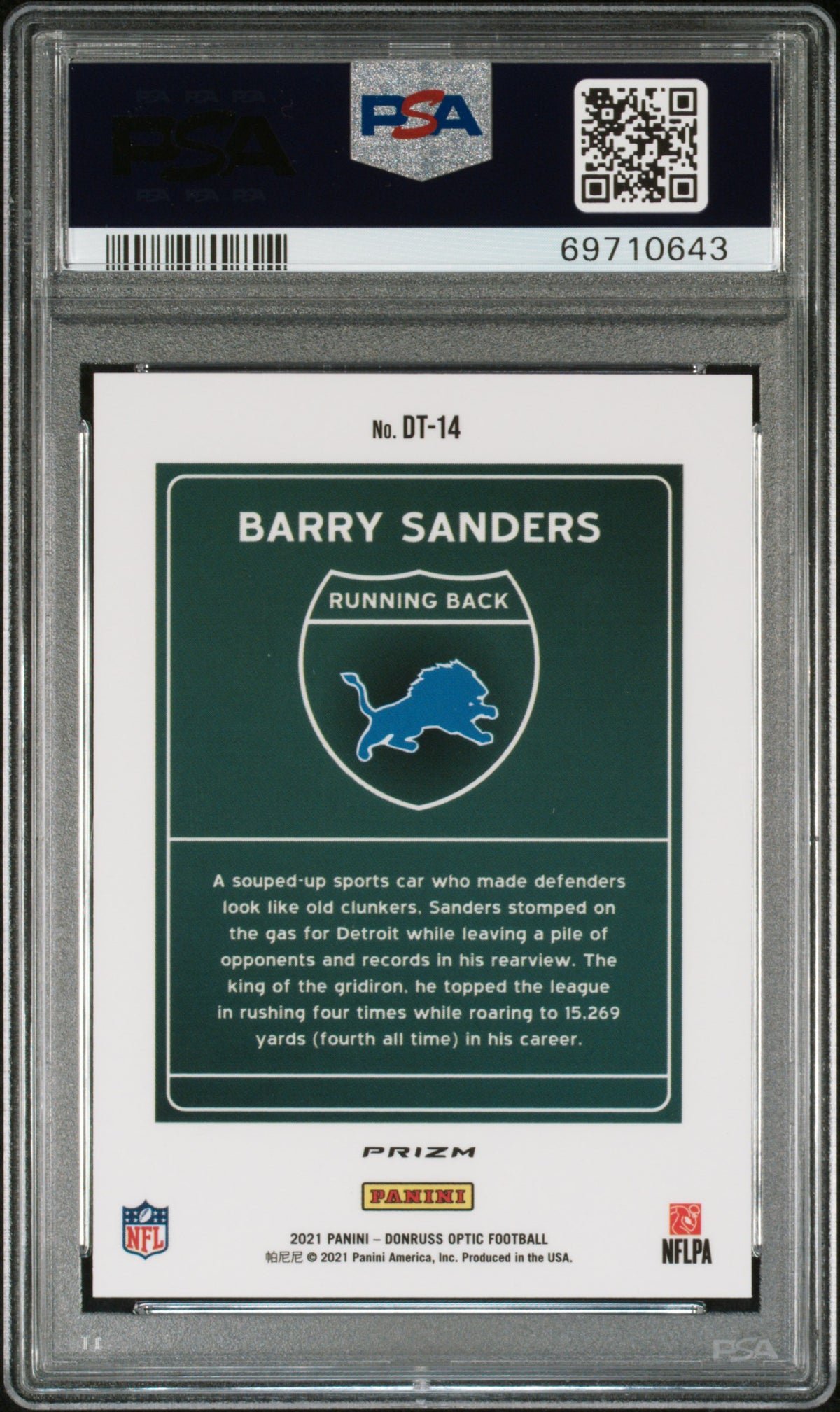 Barry Sanders 2021 Optic DOWNTOWN CASE HIT Detroit Lions PSA 9