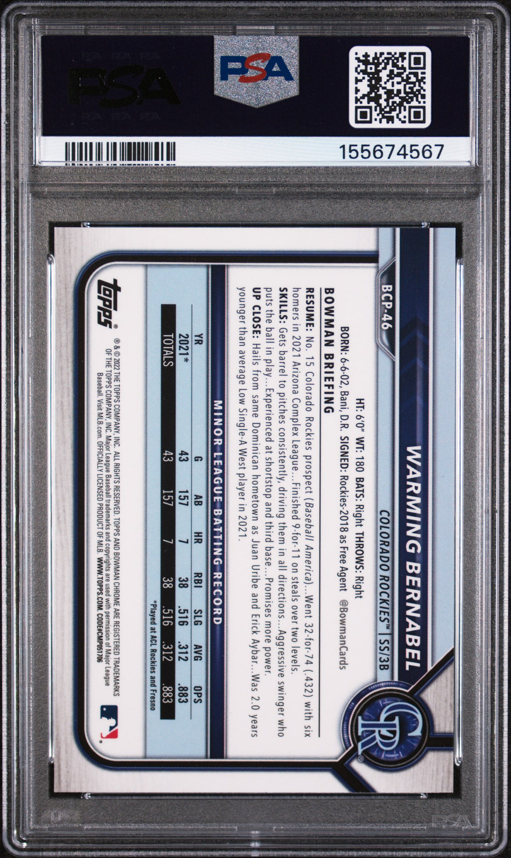 Warming Bernabel 2022 Bowman Chrome 1st Purple RC Rockies 5/250 PSA 9