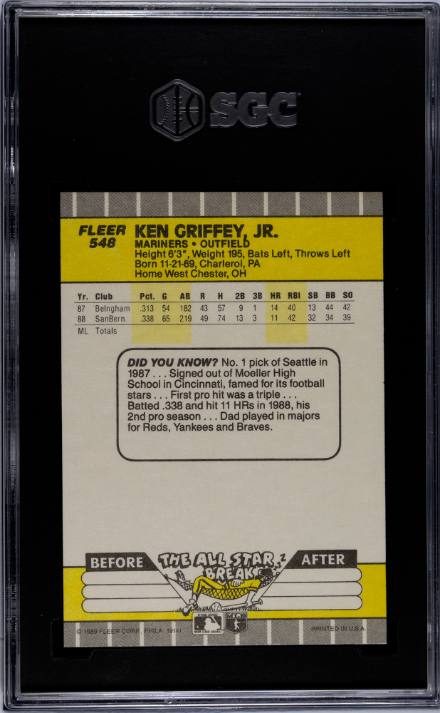 Ken Griffey Jr. 1989 Fleer Rookie Card RC Seattle Mariners #548 SGC 8