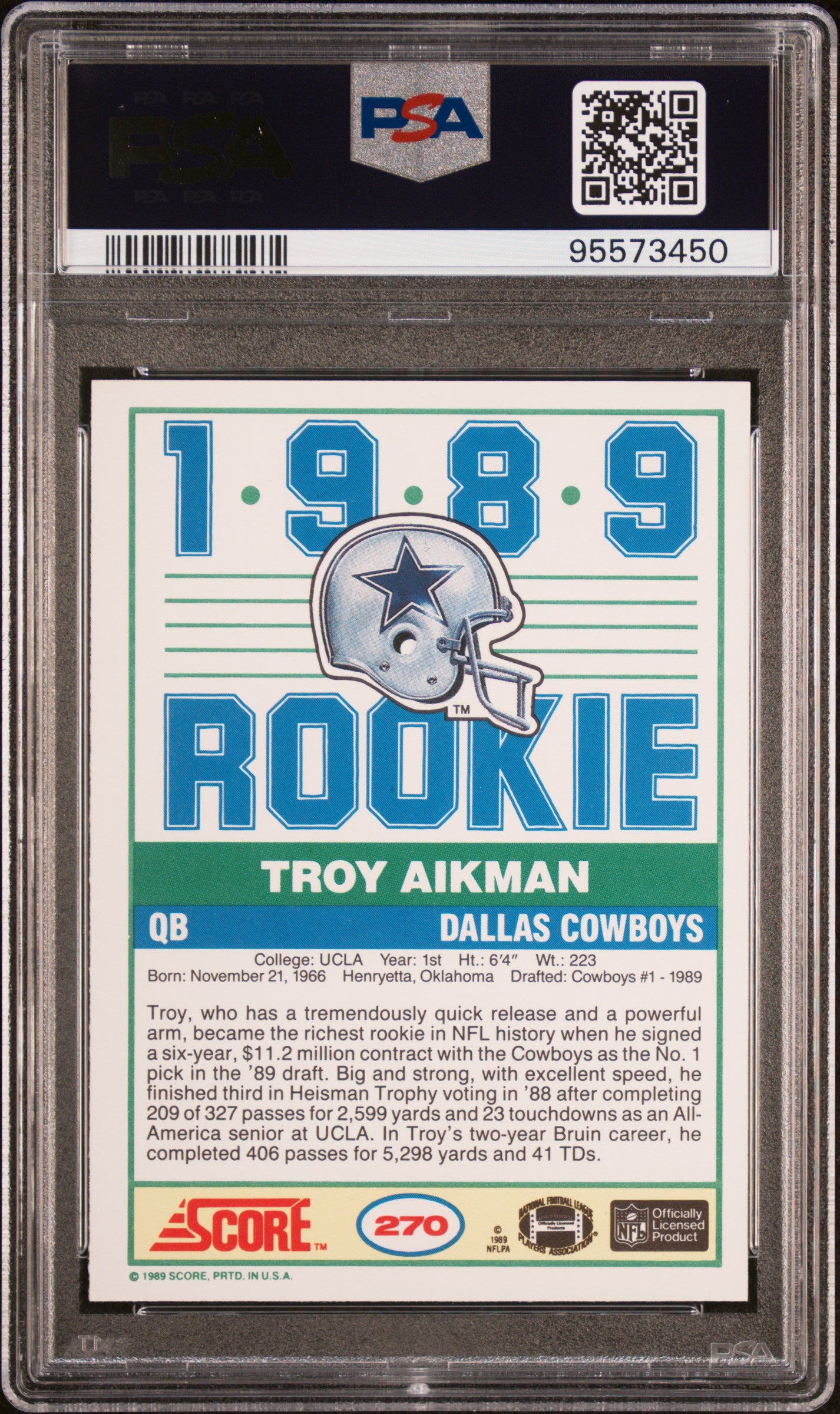 Troy Aikman 1989 Score Rookie Card RC Dallas Cowboys #270 PSA 9
