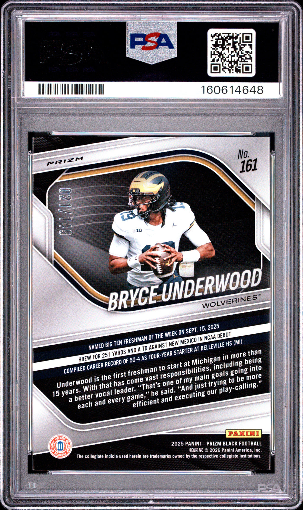 Bryce Underwood 2025 Prizm Black Purple Ice Rookie RC Michigan 21/149 PSA 9