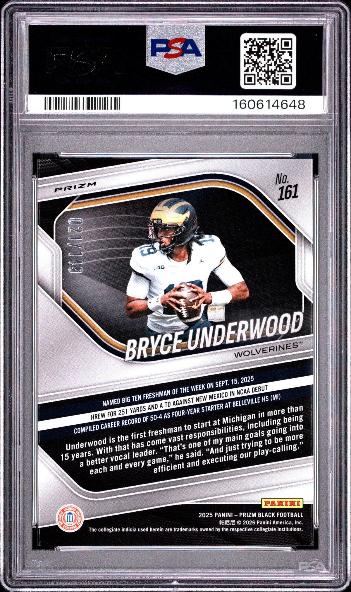 Bryce Underwood 2025 Prizm Black Purple Ice Rookie RC Michigan 21/149 PSA 9