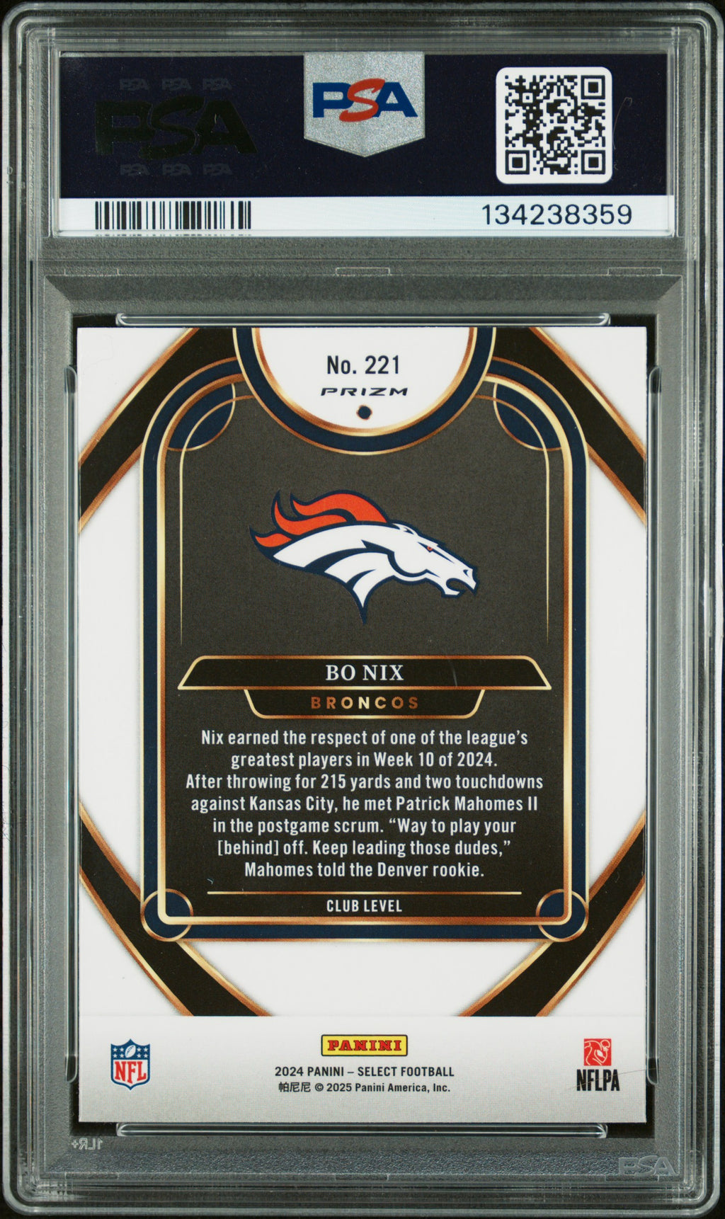 Bo Nix 2024 Select Club Level Zebra Prizm SSP Rookie RC Denver Broncos PSA 9