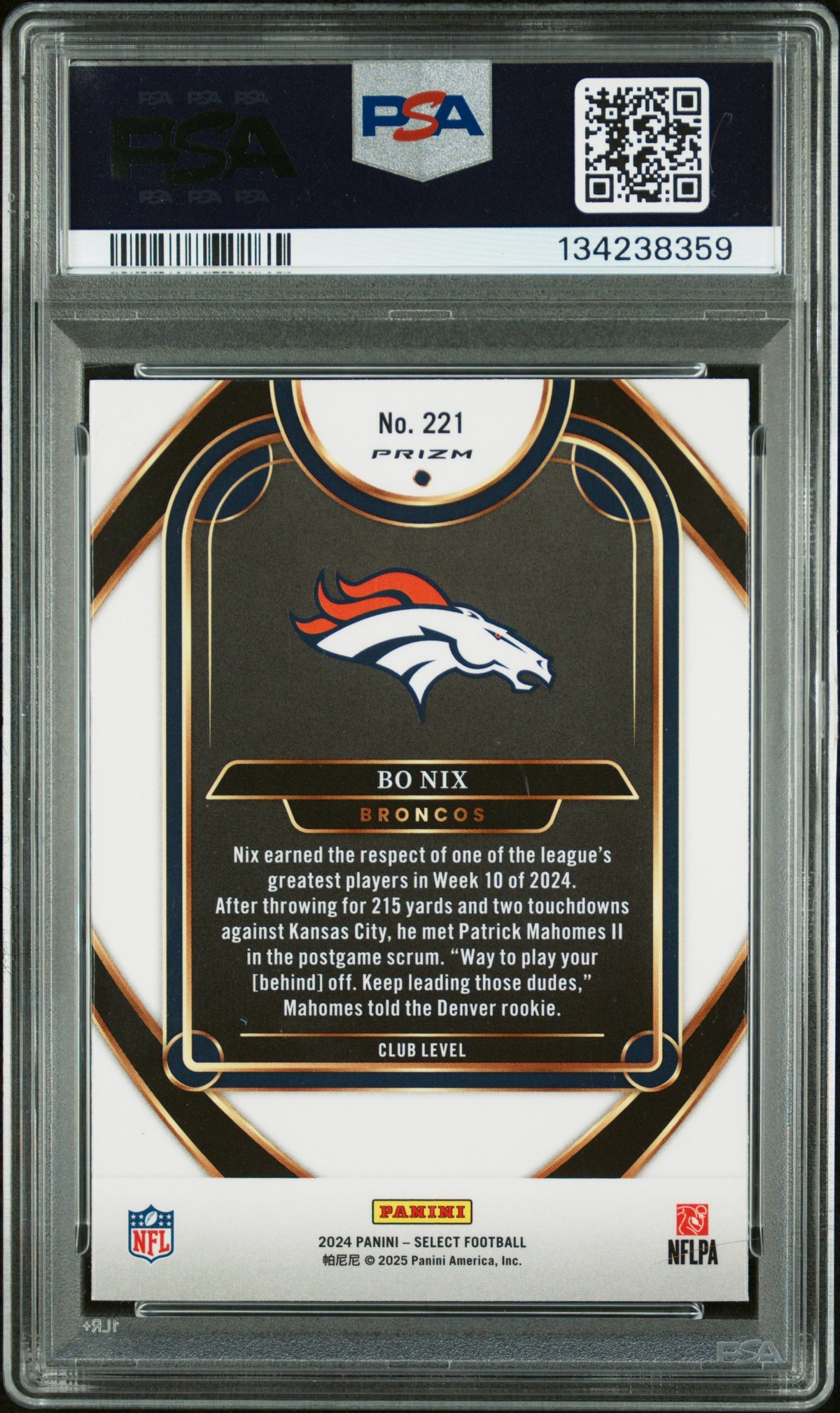Bo Nix 2024 Select Club Level Zebra Prizm SSP Rookie RC Denver Broncos PSA 9