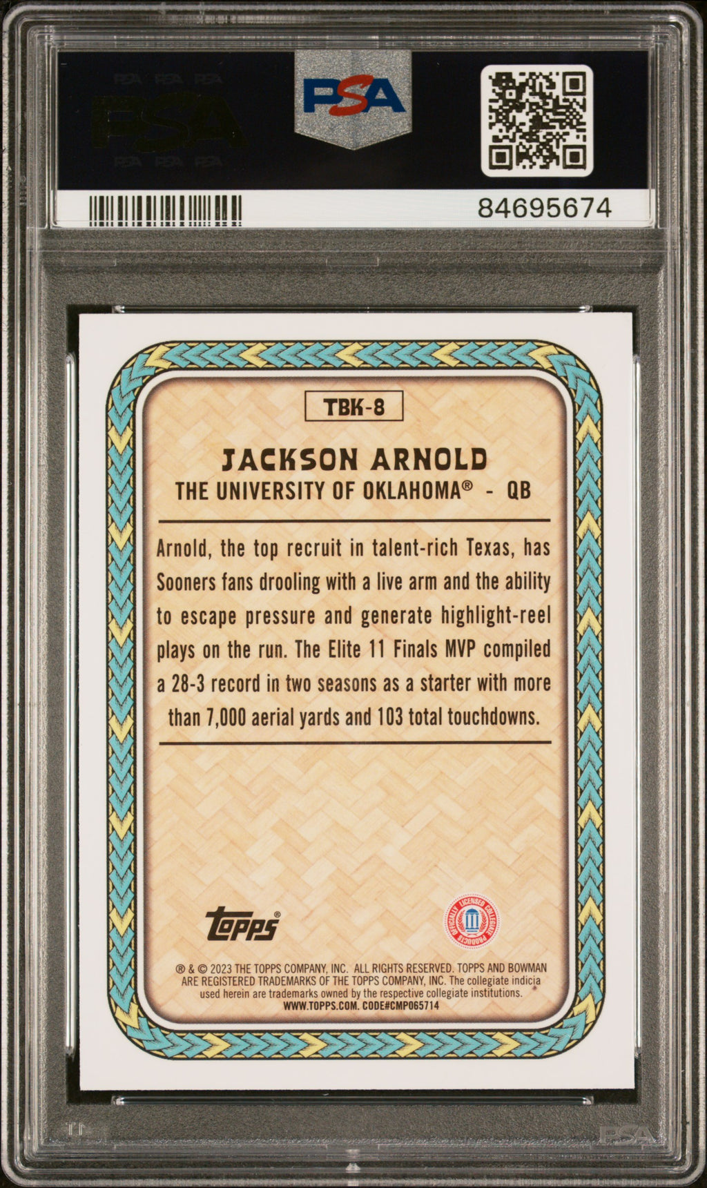 Jackson Arnold 2023 Bowman Chrome The Big Kahuna SSP CASE HIT RC Sooners PSA 10