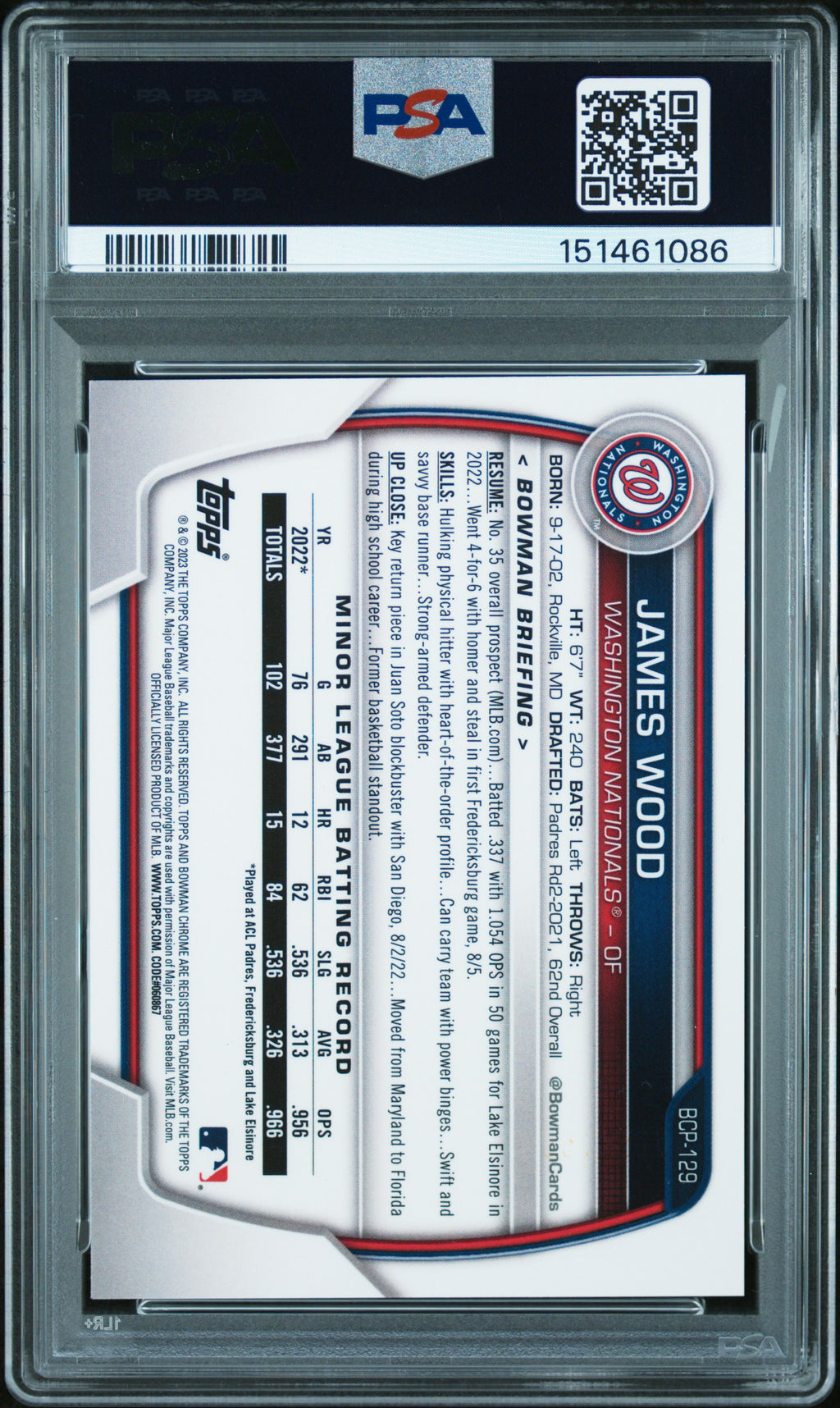 James Wood 2023 Bowman Chrome Mega Box Blue Refractor Nationals 16/150 PSA 9