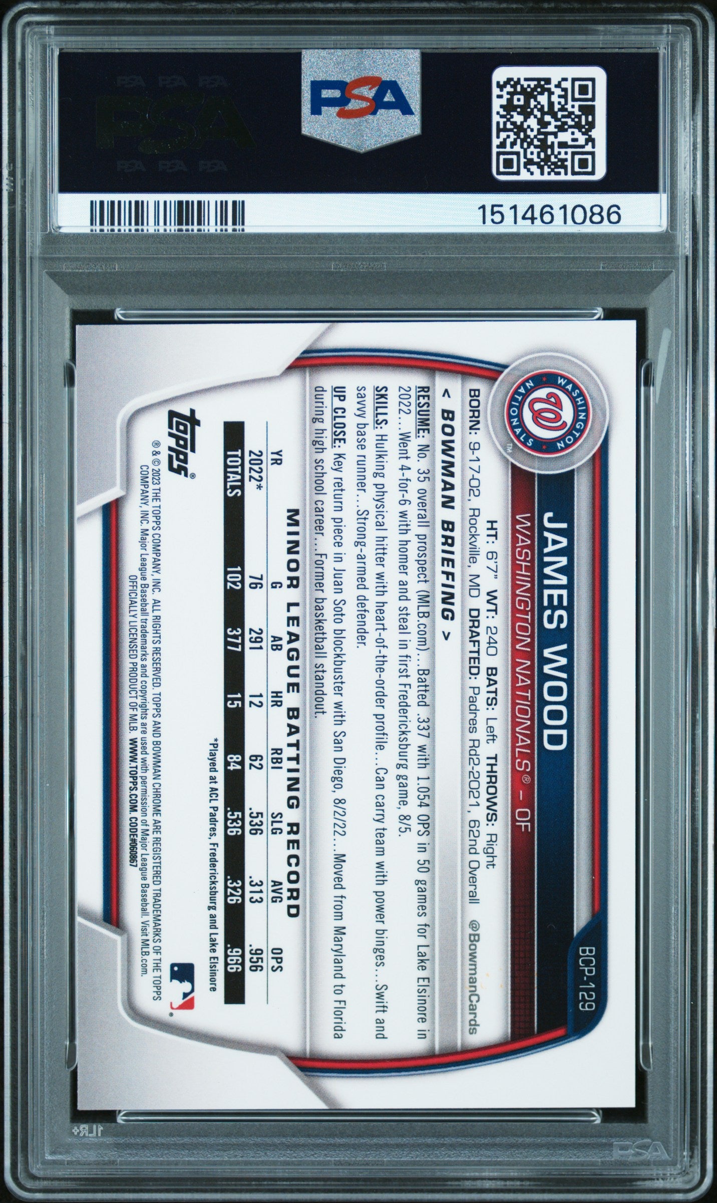 James Wood 2023 Bowman Chrome Mega Box Blue Refractor Nationals 16/150 PSA 9