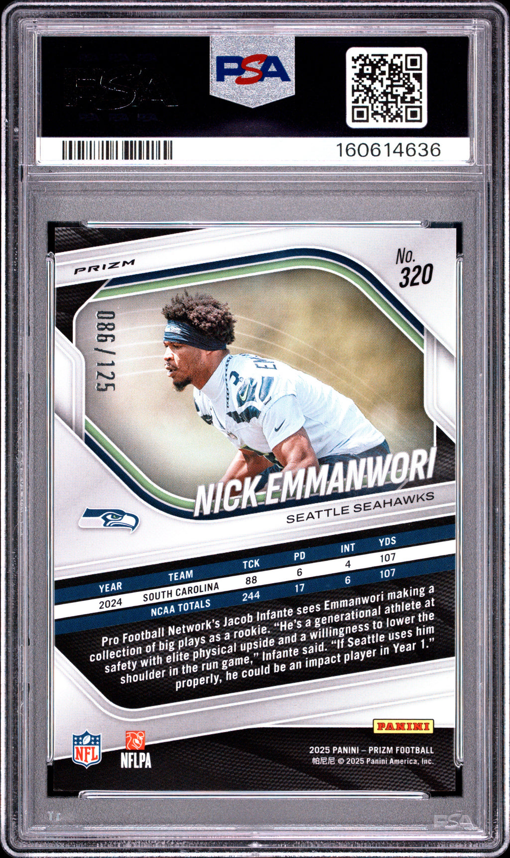 Nick Emmanwori 2025 Prizm No Huddle Blue Rookie RC Seattle Seahawks /125 PSA 10