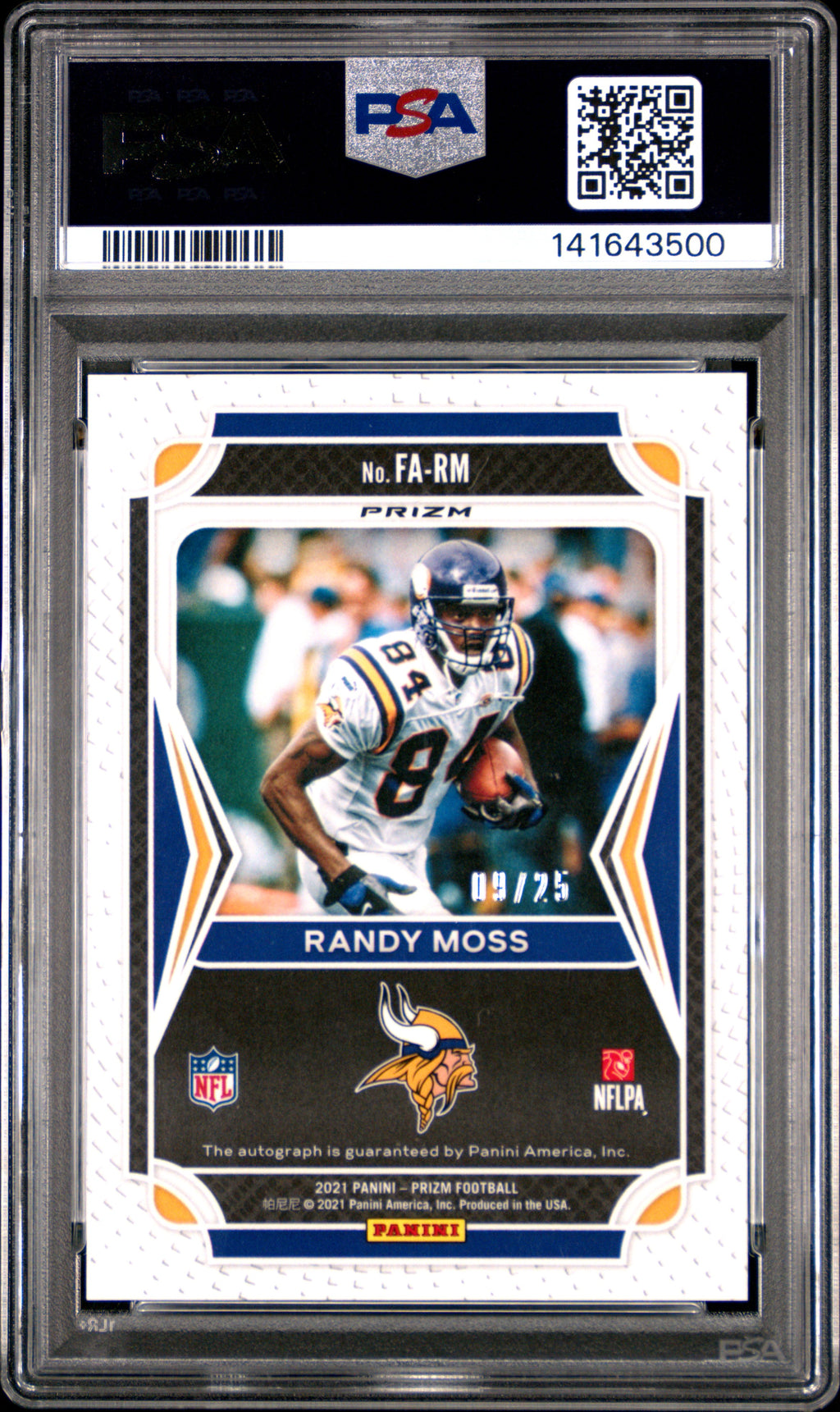 Randy Moss 2021 Prizm Flashback Auto Autograph Purple Vikings 9/25 PSA 9