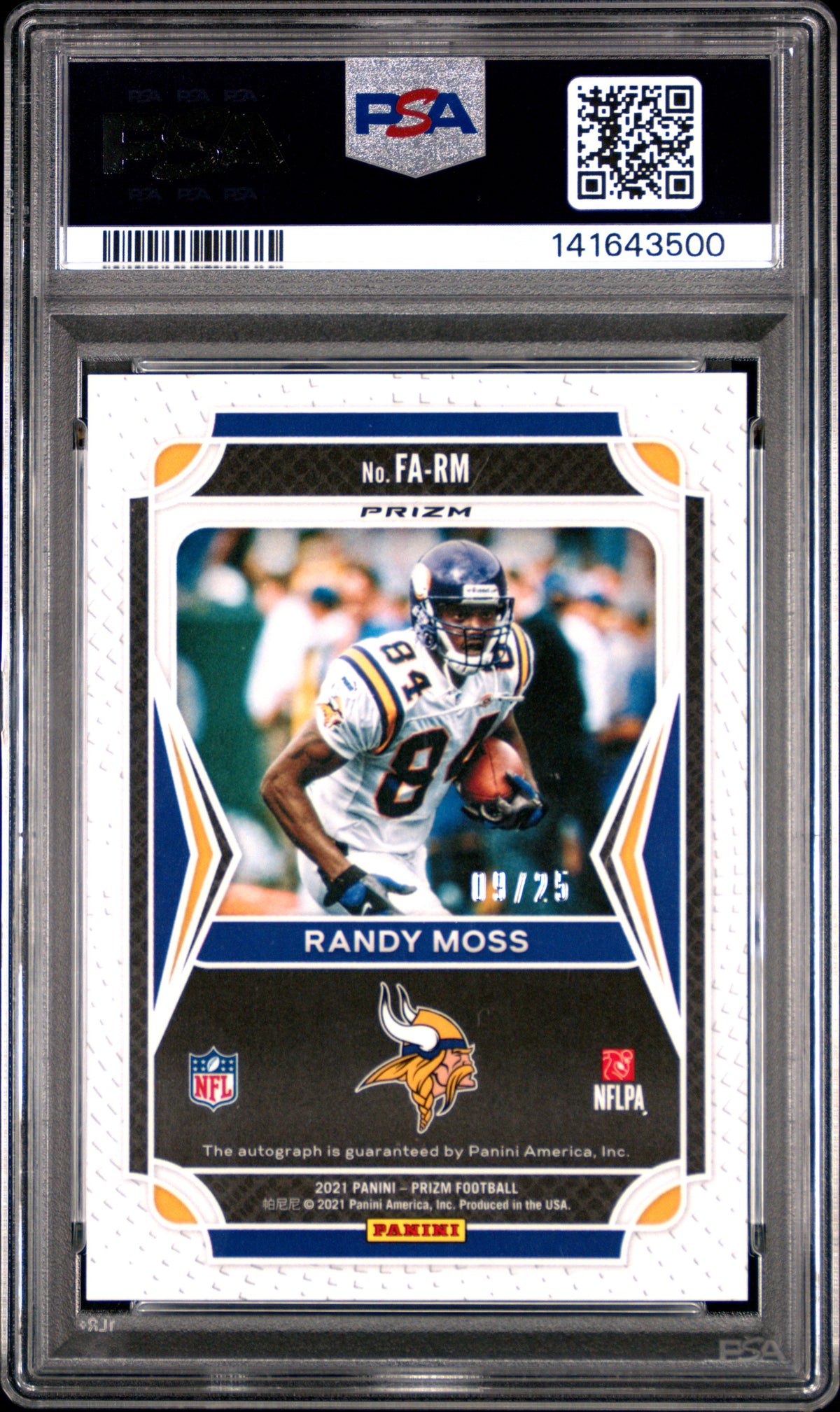 Randy Moss 2021 Prizm Flashback Auto Autograph Purple Vikings 9/25 PSA 9