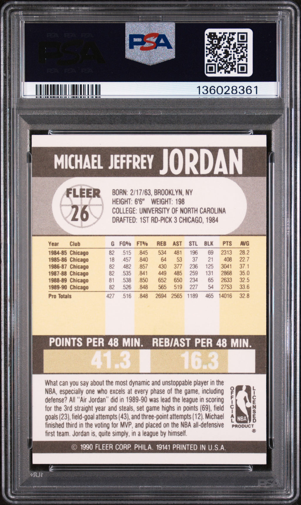 Michael Jordan 1990 Fleer Card Chicago Bulls #26 PSA 9