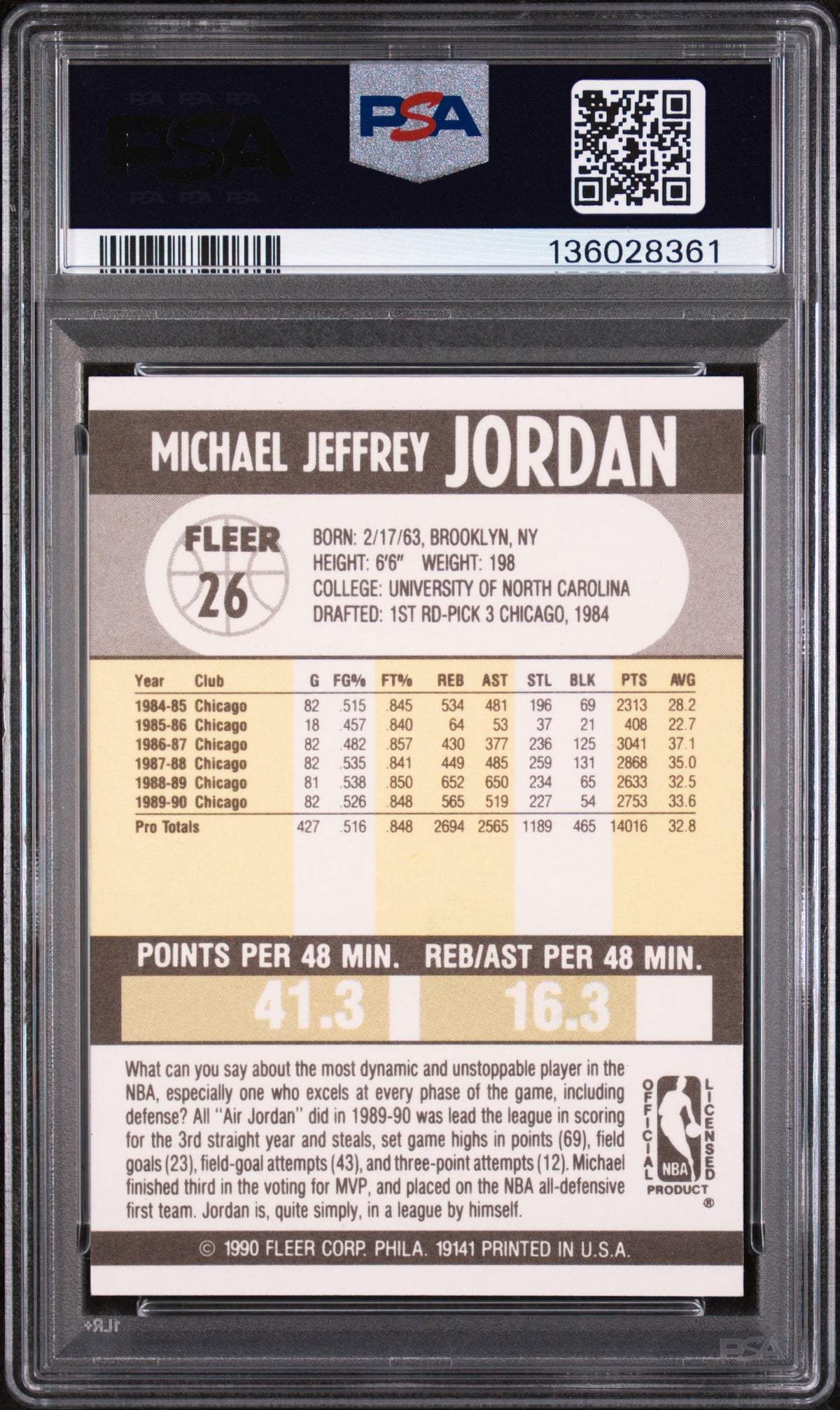 Michael Jordan 1990 Fleer Card Chicago Bulls #26 PSA 9
