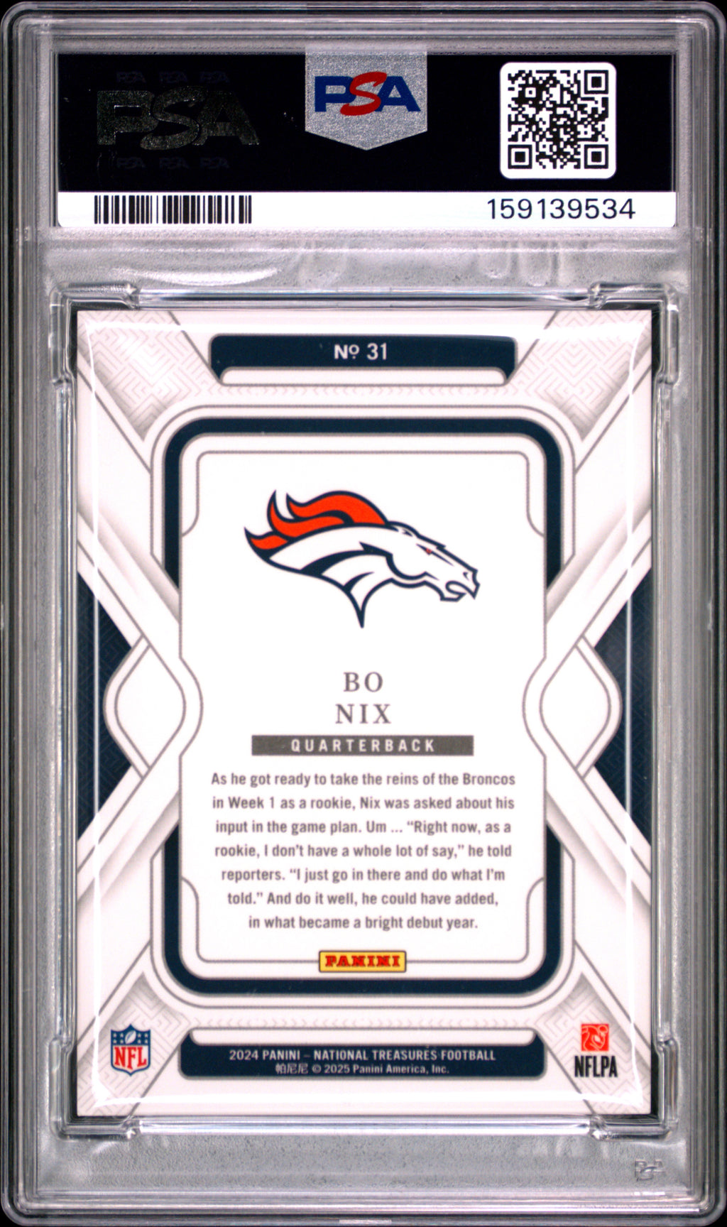 Bo Nix 2024 National Treasures Rookie RC Denver Broncos 62/99 #31 PSA 9