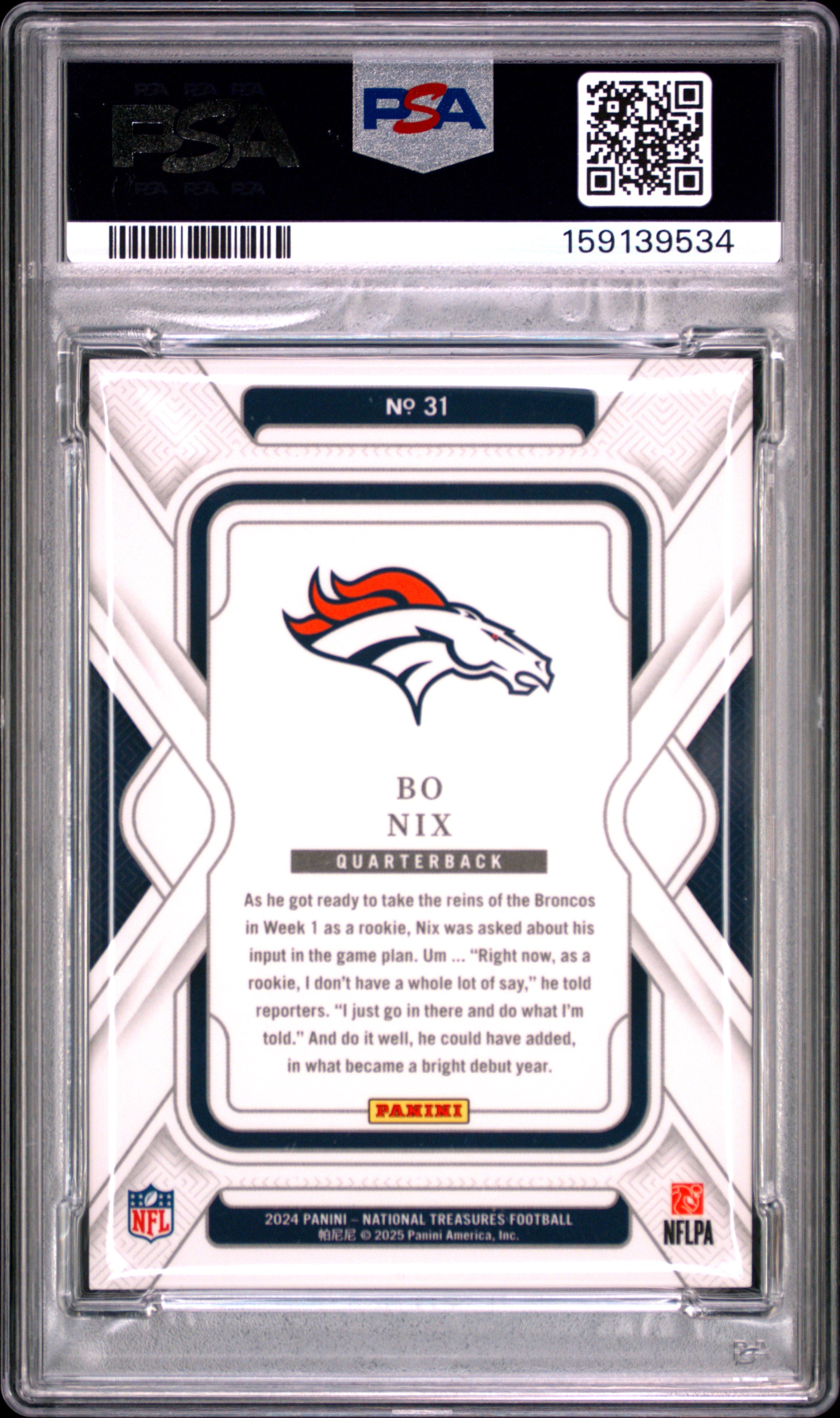 Bo Nix 2024 National Treasures Rookie RC Denver Broncos 62/99 #31 PSA 9