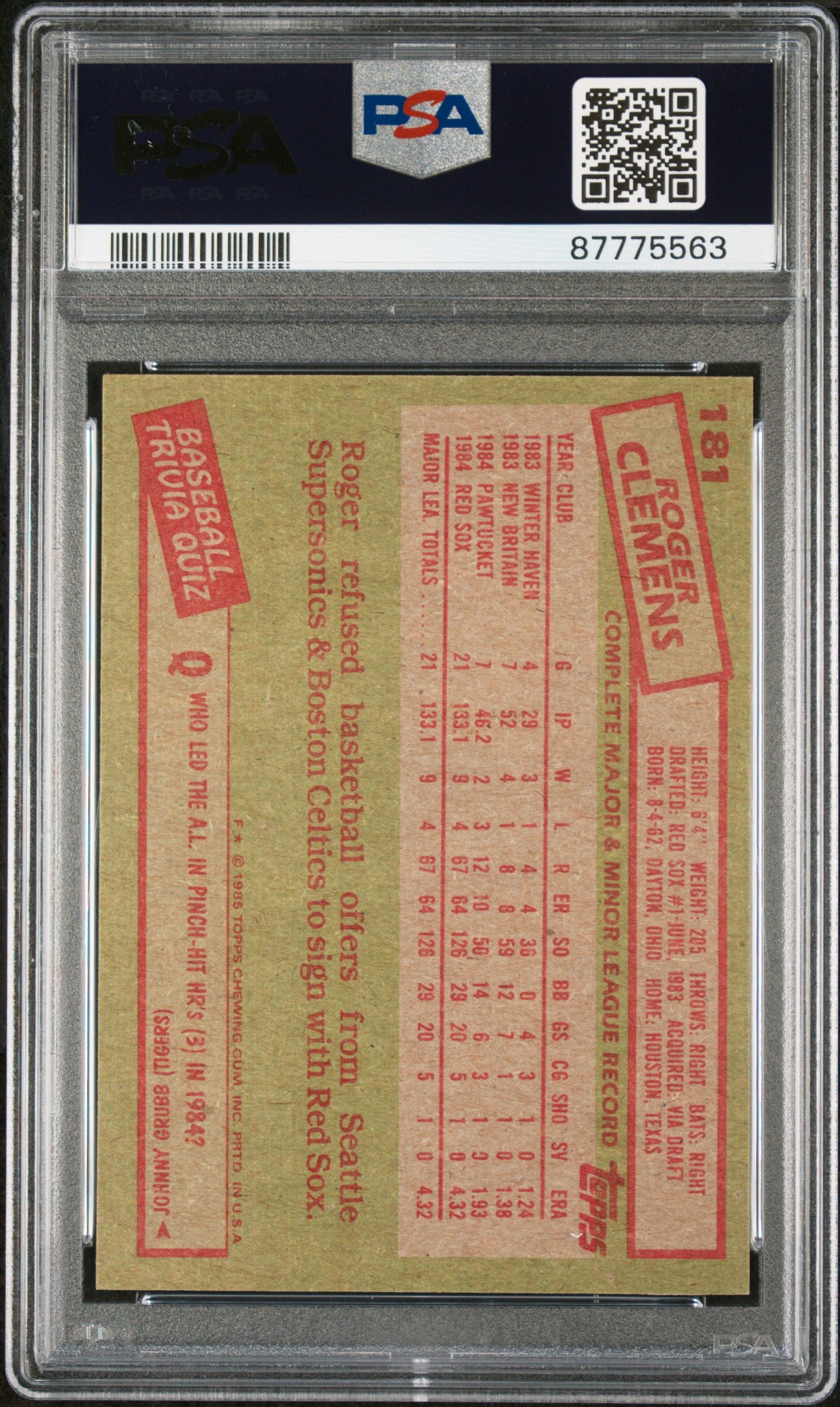 Roger Clemens 1985 Topps Rookie Card RC Boston Red Sox #181 PSA 9