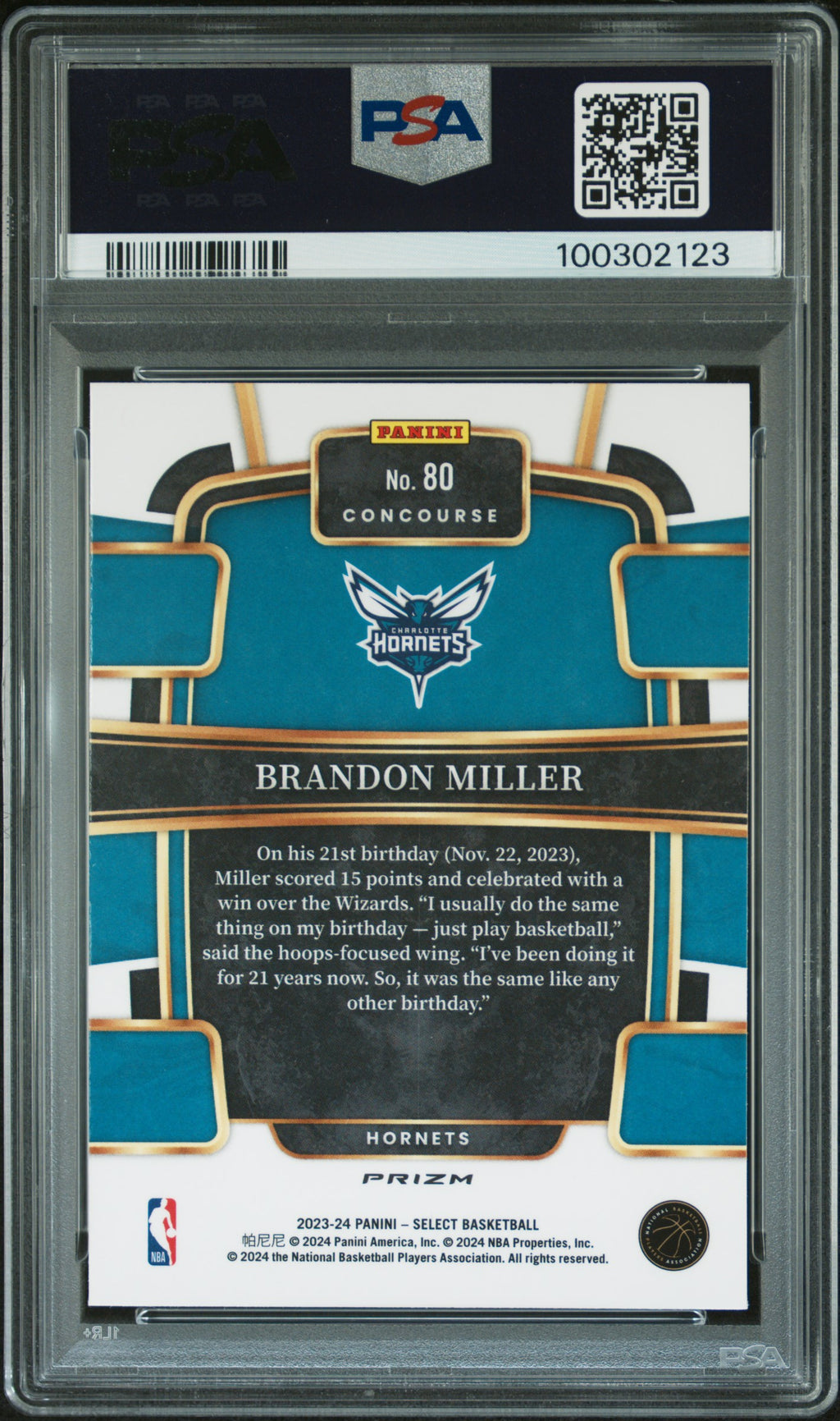 Brandon Miller 2023-24 Select Tectonic Rookie RC Charlotte Hornets PSA 10