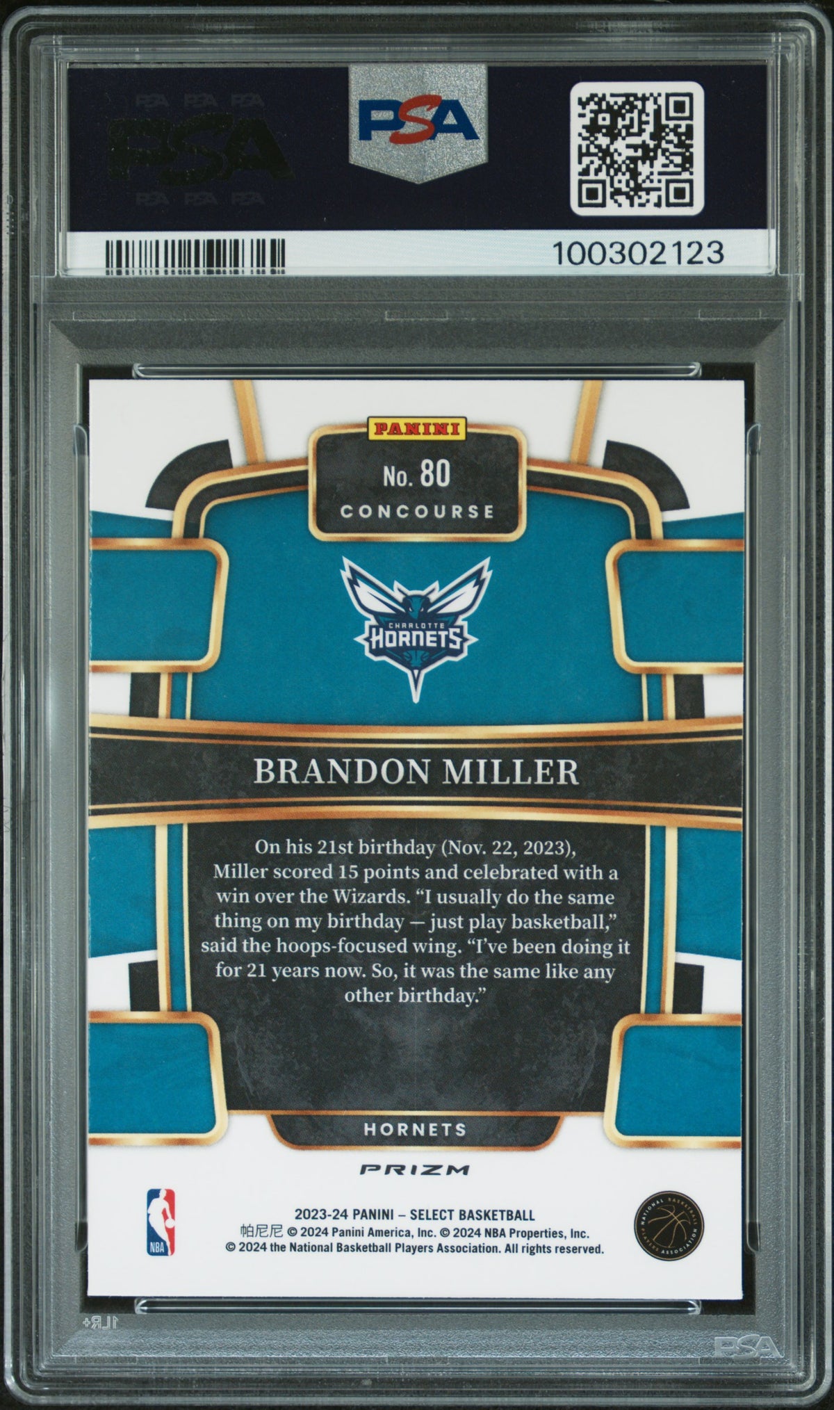 Brandon Miller 2023-24 Select Tectonic Rookie RC Charlotte Hornets PSA 10