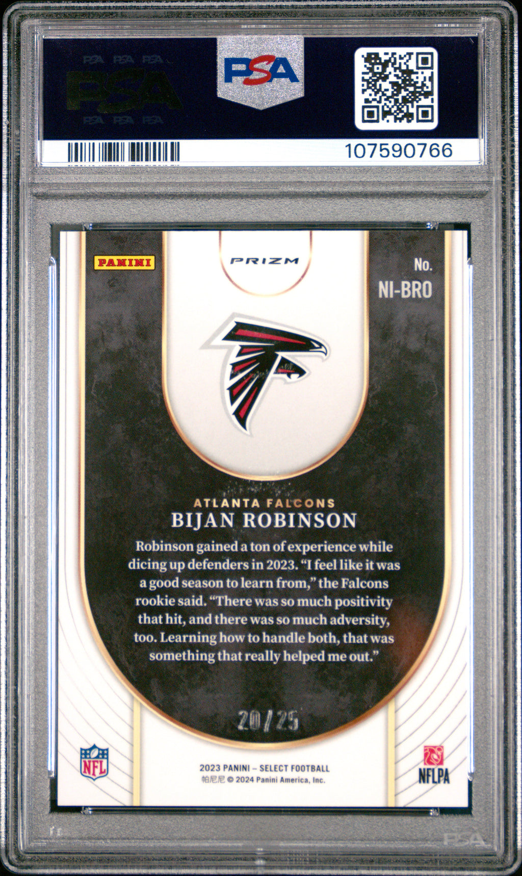 Bijan Robinson 2023 Select Neon Icons Tie Dye Prizm RC 20/25 Falcons PSA 9