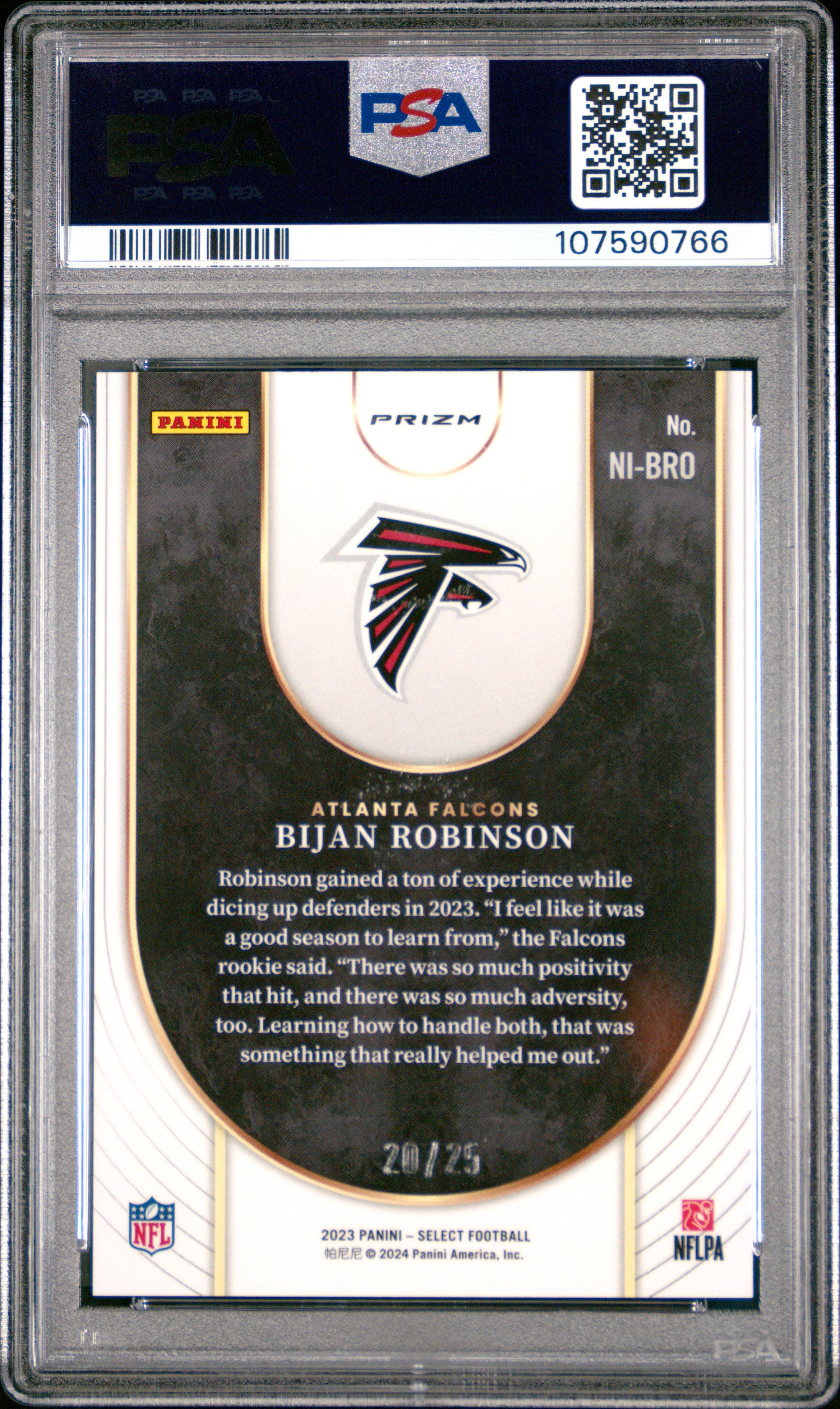 Bijan Robinson 2023 Select Neon Icons Tie Dye Prizm RC 20/25 Falcons PSA 9