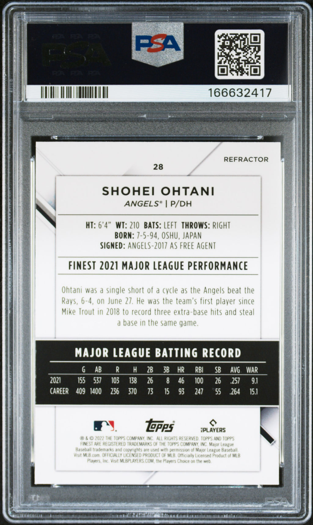 Shohei Ohtani 2022 Topps Finest Refractor Los Angeles Angels #28 PSA 10