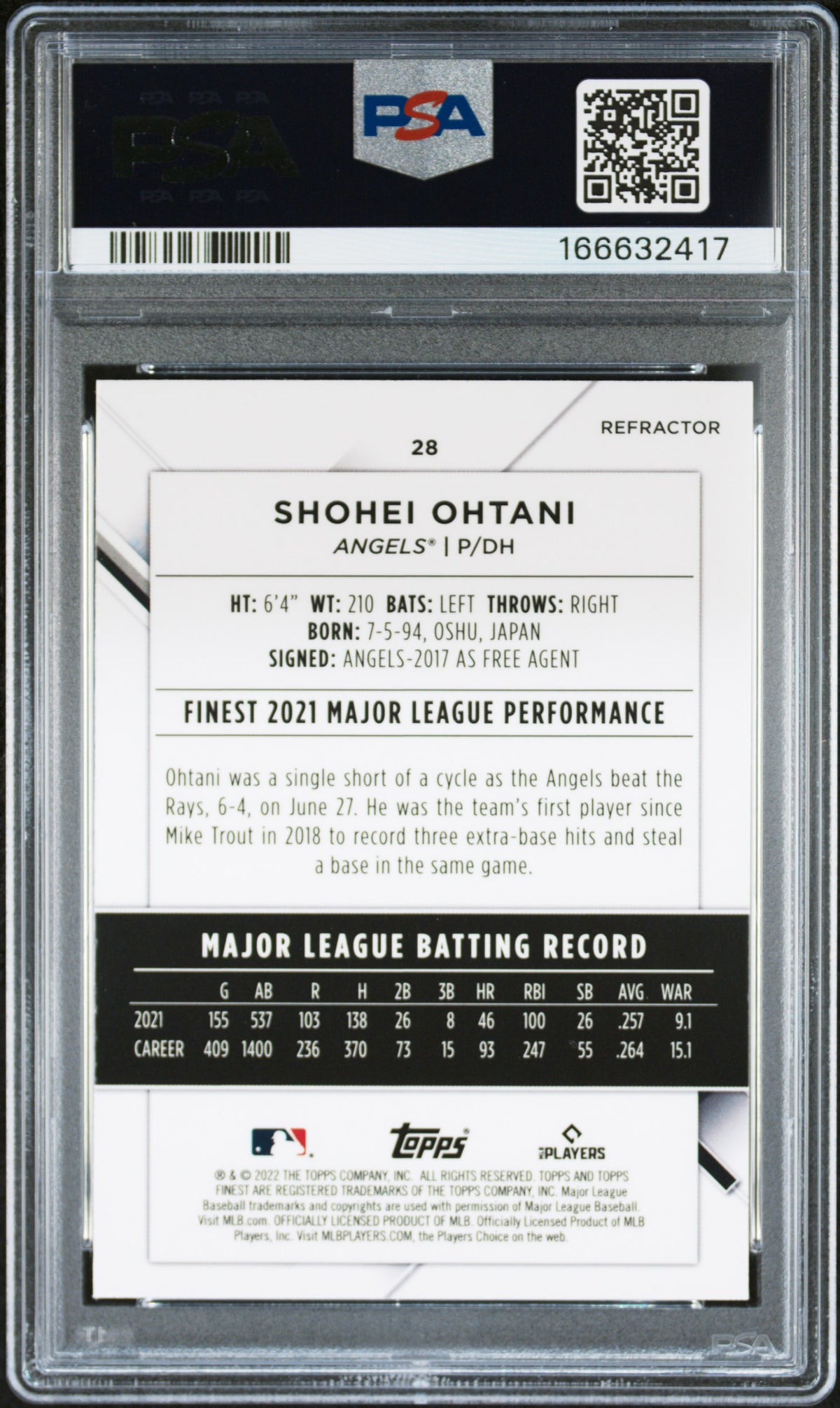 Shohei Ohtani 2022 Topps Finest Refractor Los Angeles Angels #28 PSA 10