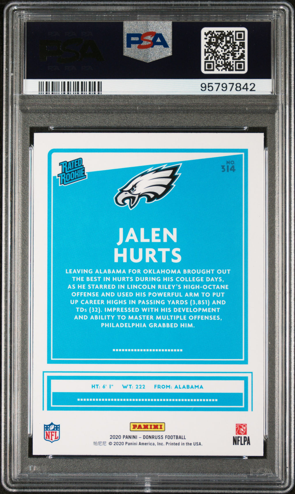 Jalen Hurts 2020 Donruss Rated Rookie RC Yellow Press Proof Eagles PSA 10