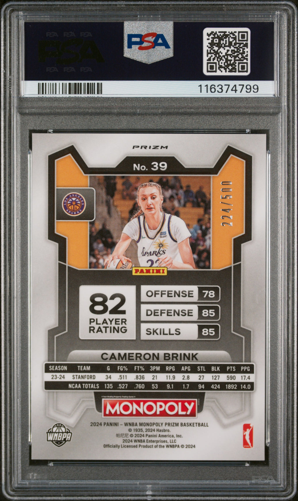Cameron Brink 2024 Panini Prizm Monopoly WNBA Gold Millionaire Shimmer PSA 10