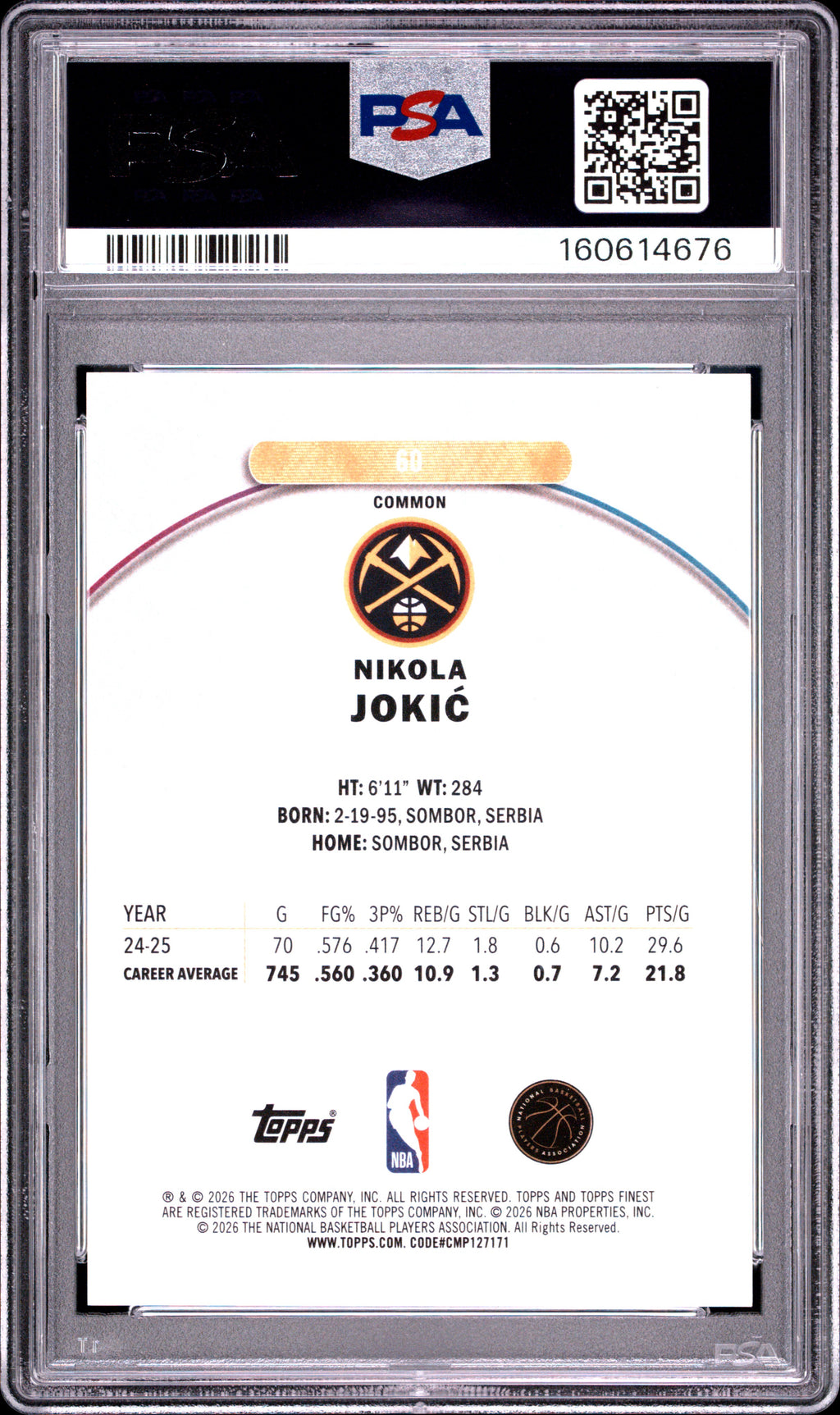 Nikola Jokic 2025-26 Topps Finest Blue Refractor Denver Nuggets 55/200 PSA 10