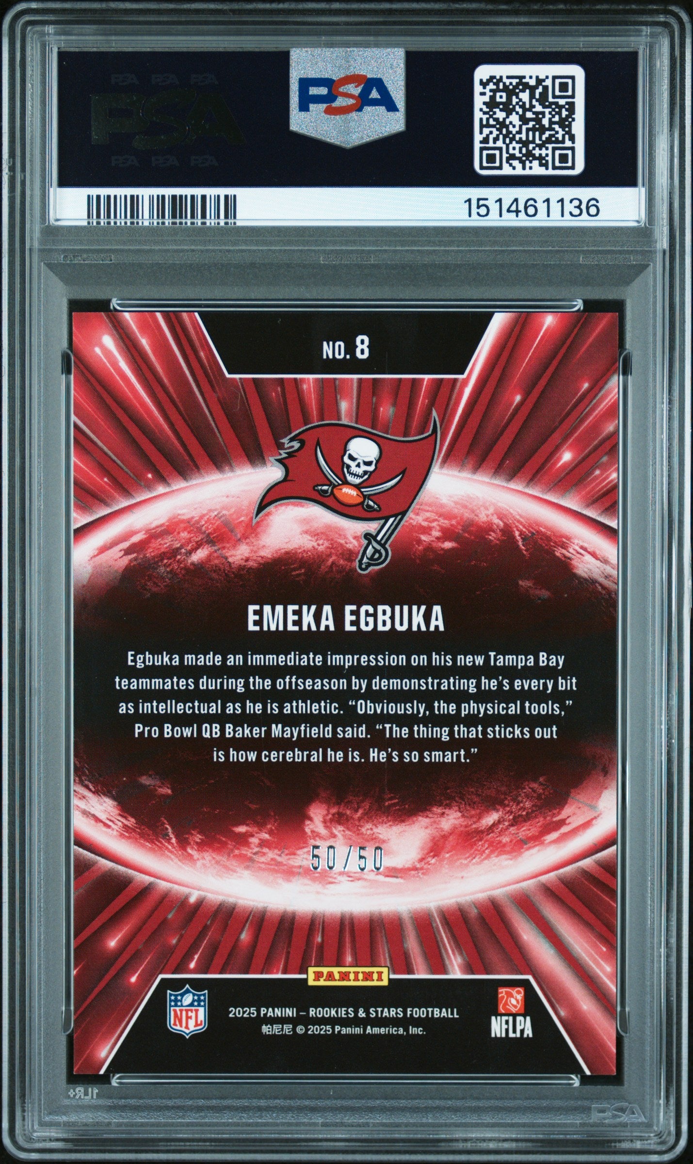 Emeka Egbuka 2025 Rookies & Stars Stellar Rookies Blue 50/50 Buccaneers PSA 10