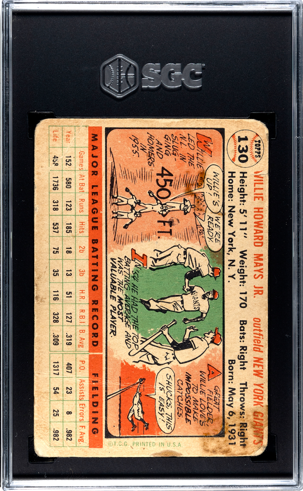 Willie Mays 1956 Topps White Back Card New York Giants #130 SGC A