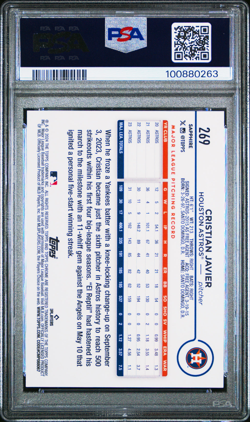 Cristian Javier 2024 Topps Chrome Sapphire Superfractor /1 PSA 9