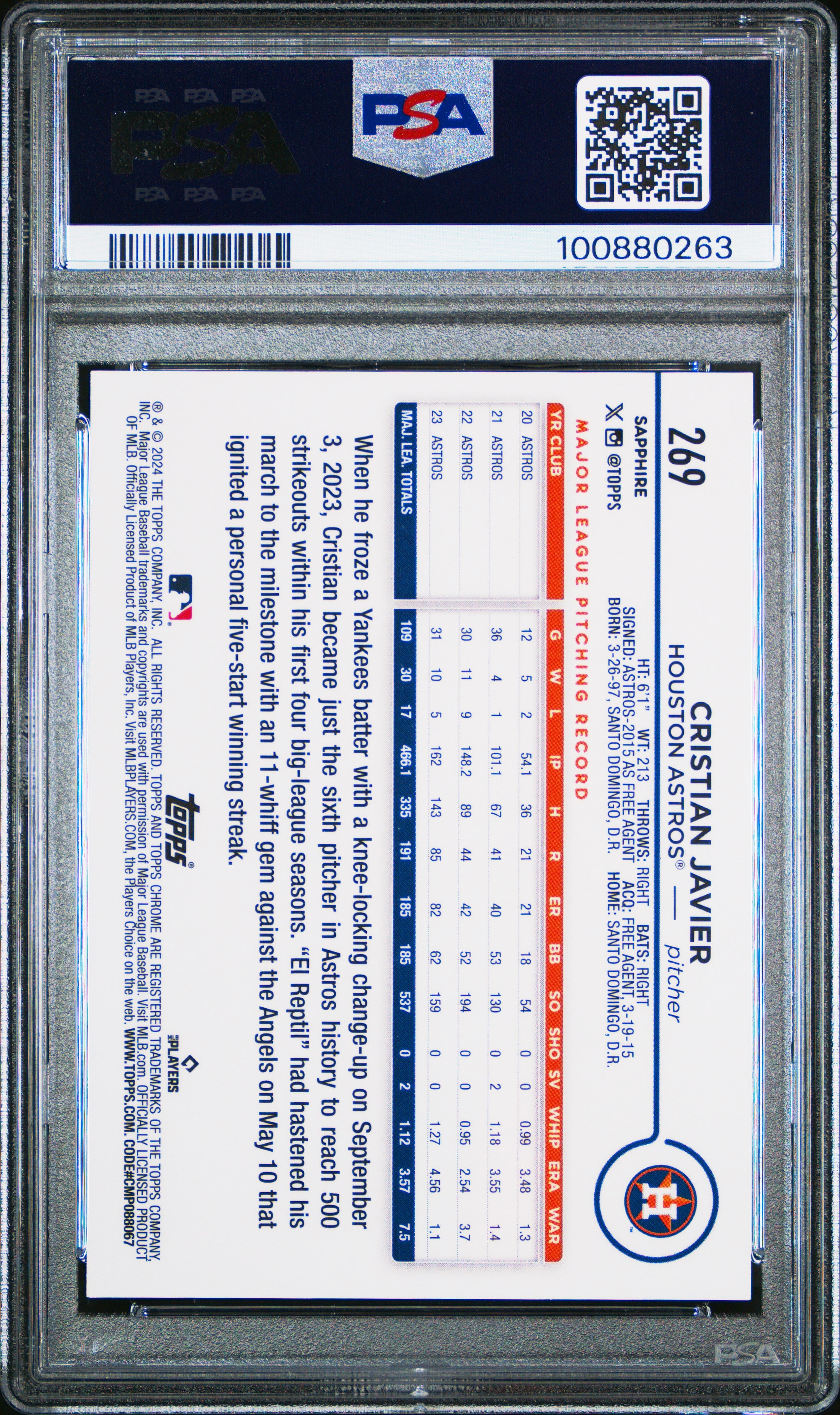 Cristian Javier 2024 Topps Chrome Sapphire Superfractor /1 PSA 9